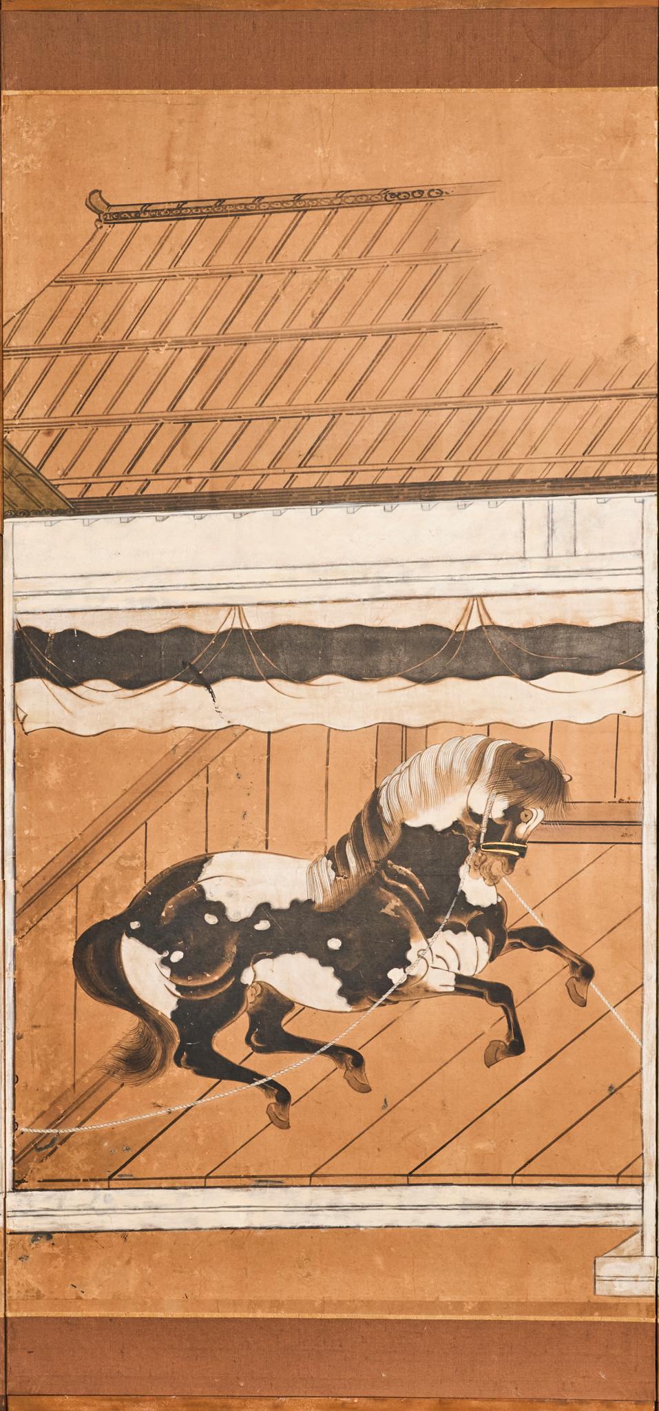 Japanese Six Panel Screen: Horses in Stable Japonés en venta