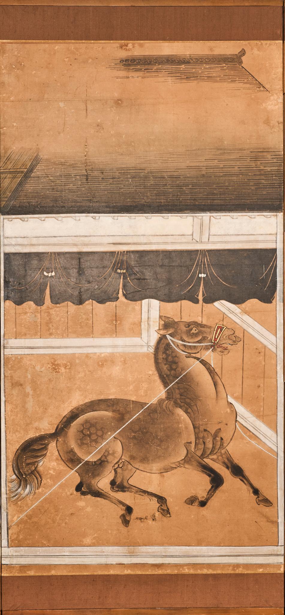 Japanese Six Panel Screen: Horses in Stable en Bueno estado para la venta en Hudson, NY