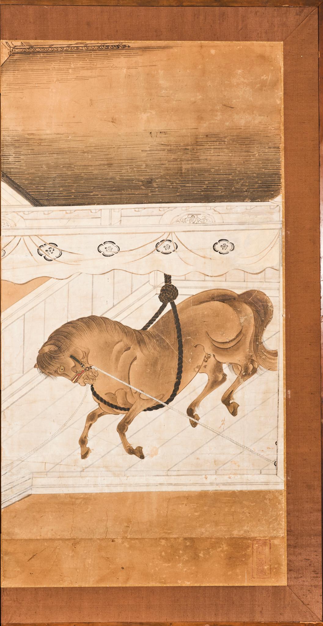 Japanese Six Panel Screen: Horses in Stable en venta 1