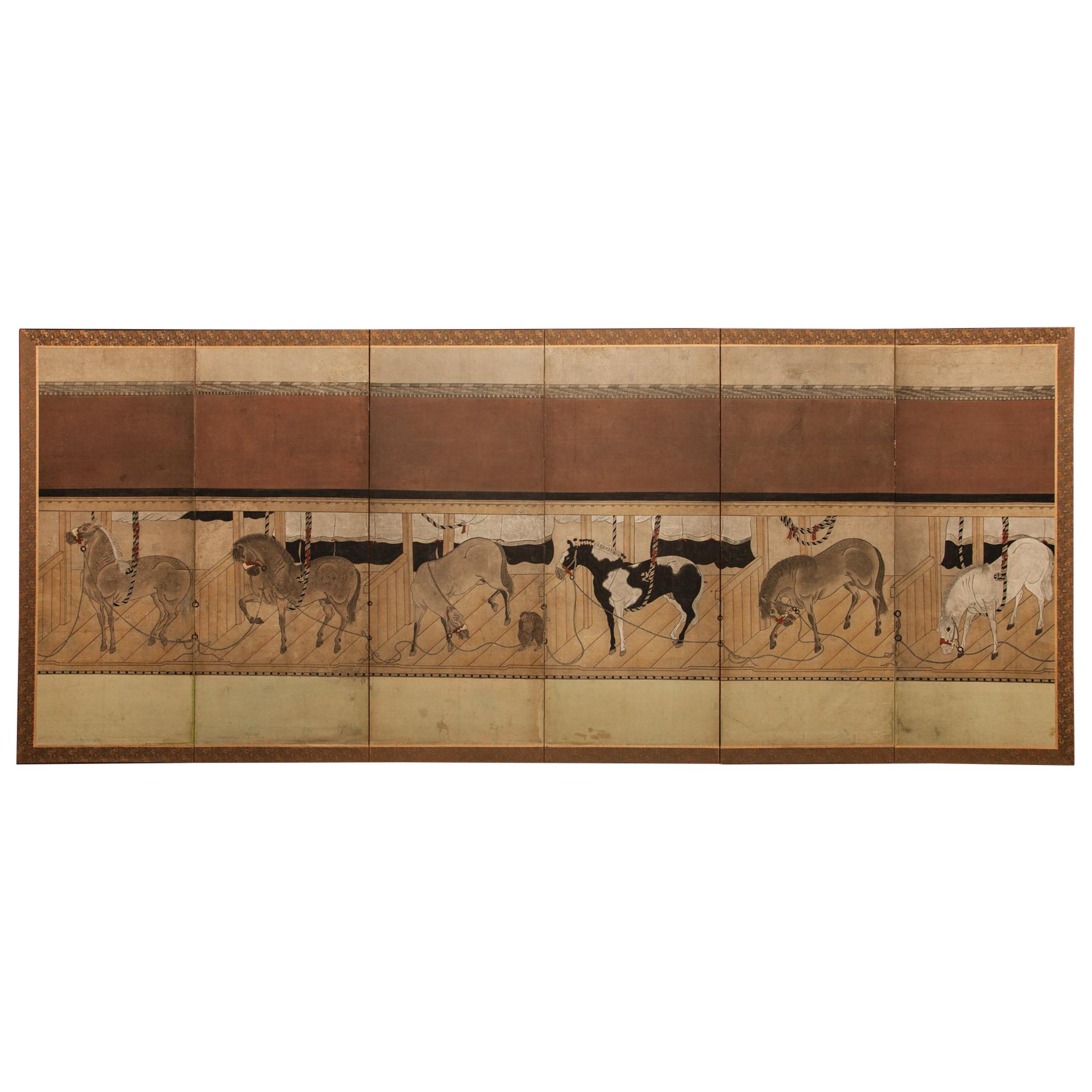 Japanese Six-Panel Screen Horses in Stable