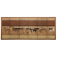 Antique Japanese Six-Panel Screen Horses in Stable