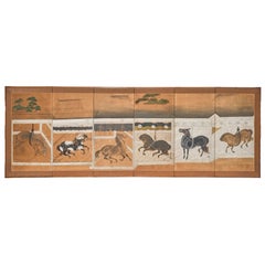 Japanese Six Panel Screen: Horses in Stable