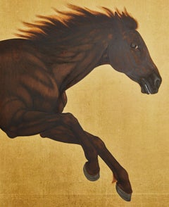 Japanese Six Panel Screen: Horses on Gold Leaf