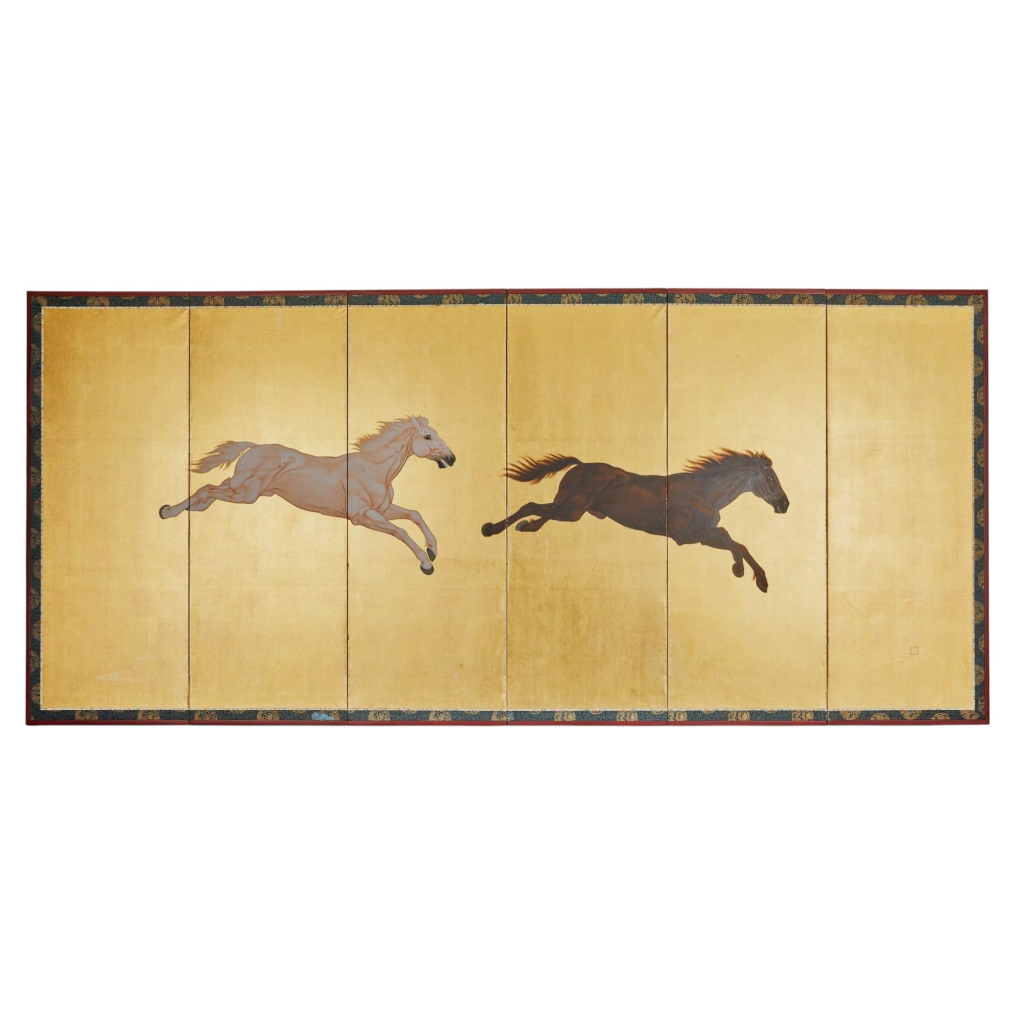 Japanese Six Panel Screen: Horses on Gold Leaf