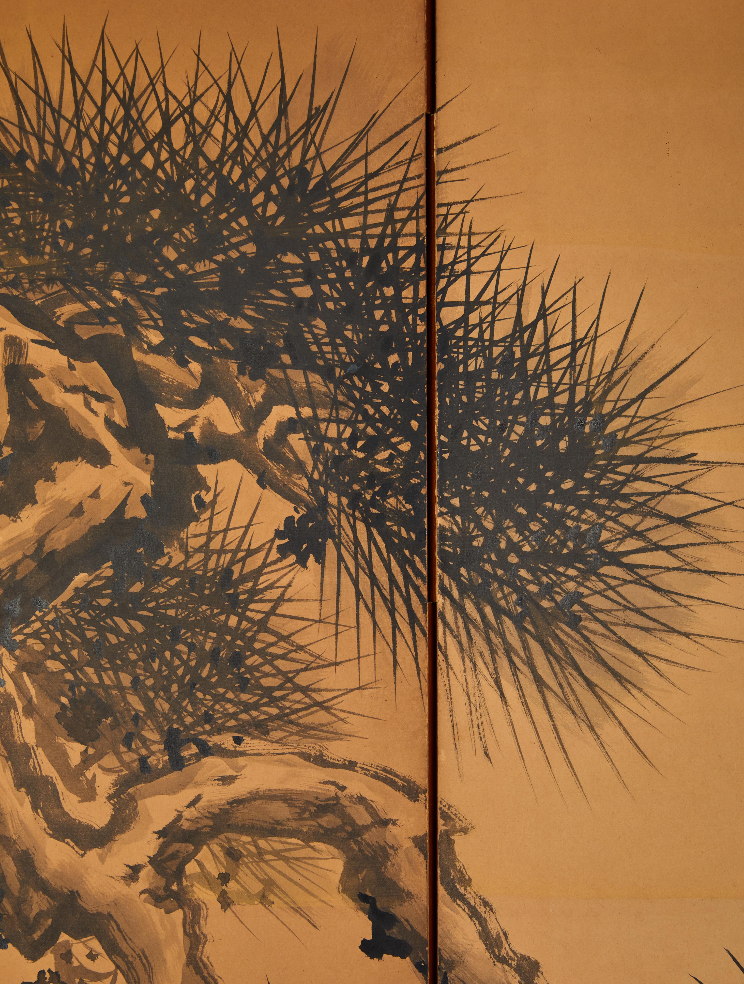 Japanese Six Panel Screen: Ink Painting of a Weathered Pine Tree In Good Condition For Sale In Hudson, NY