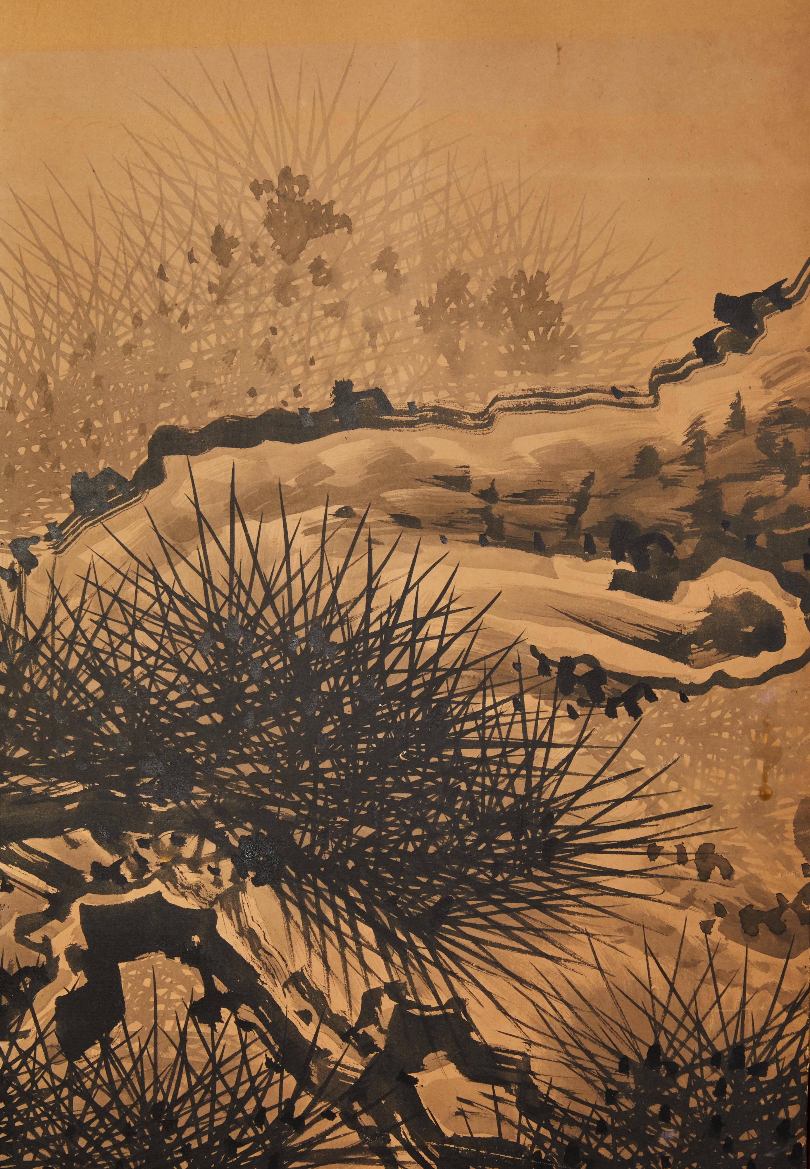19th Century Japanese Six Panel Screen: Ink Painting of a Weathered Pine Tree For Sale