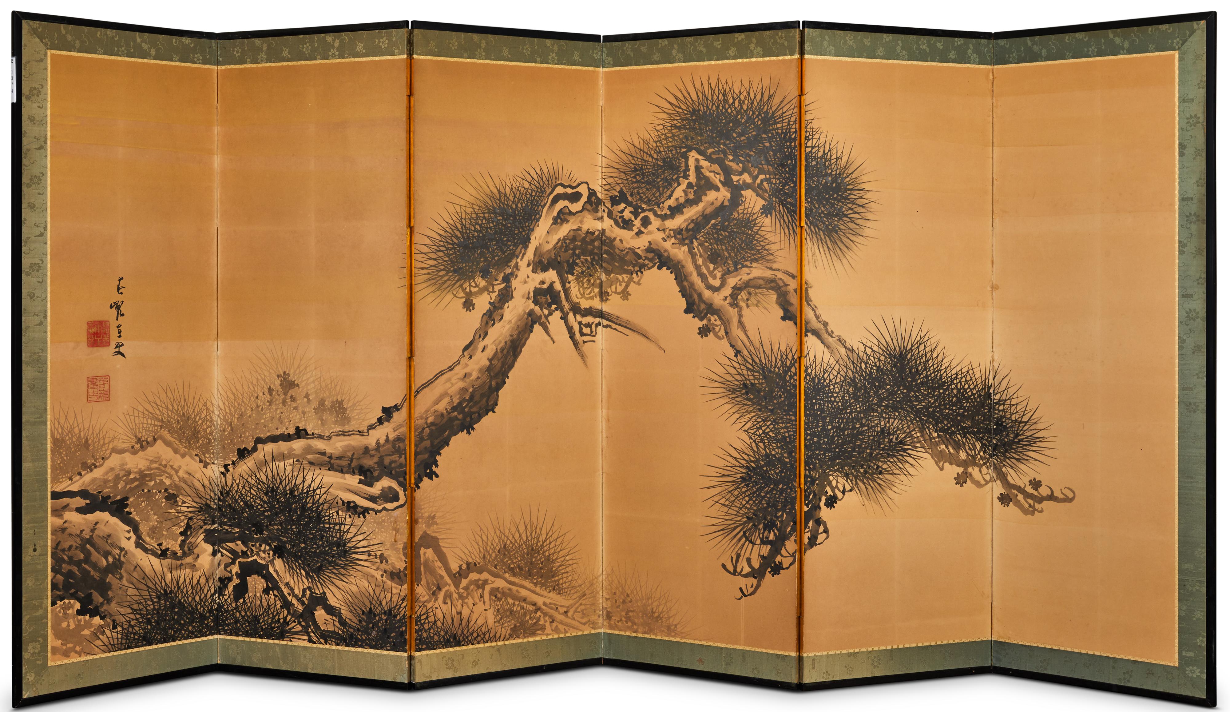 Paravent japonais à six panneaux : peinture à l'encre d'un arbre de pin usé en vente 2