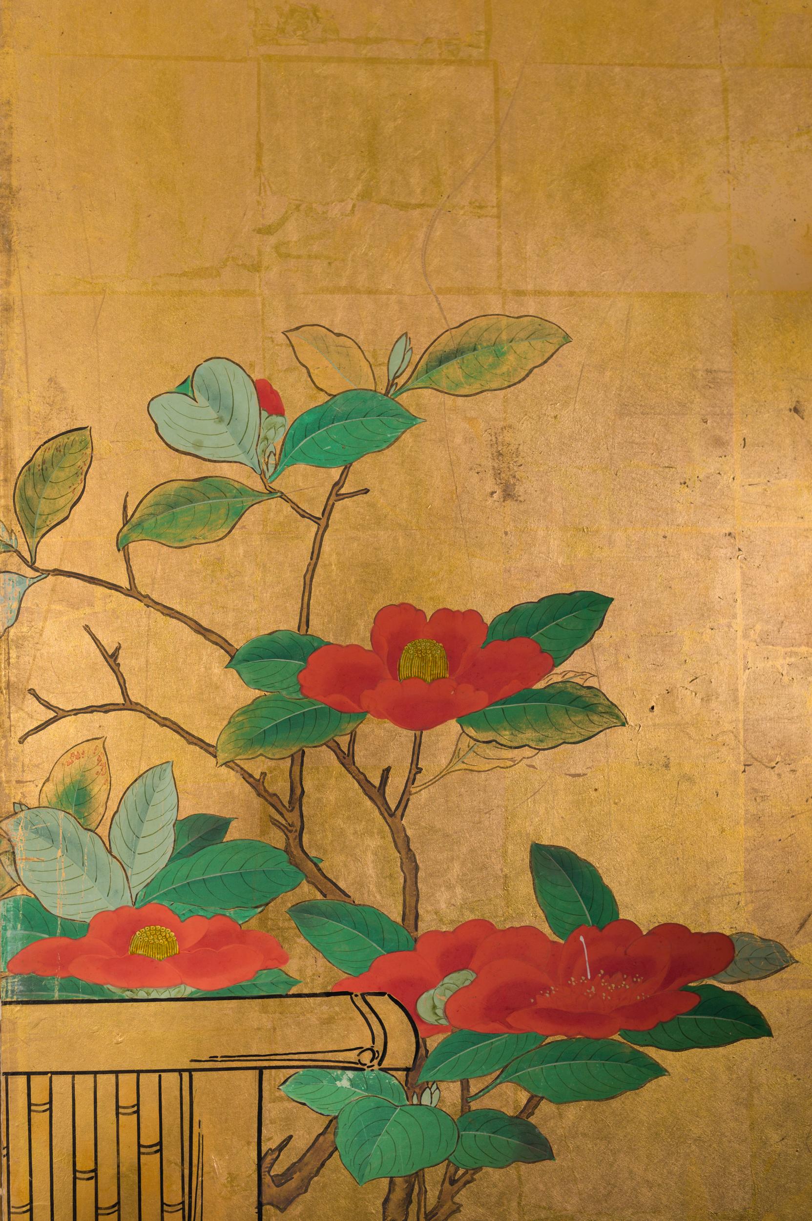 Silk Japanese Six-Panel Screen Late Winter into Early Spring For Sale