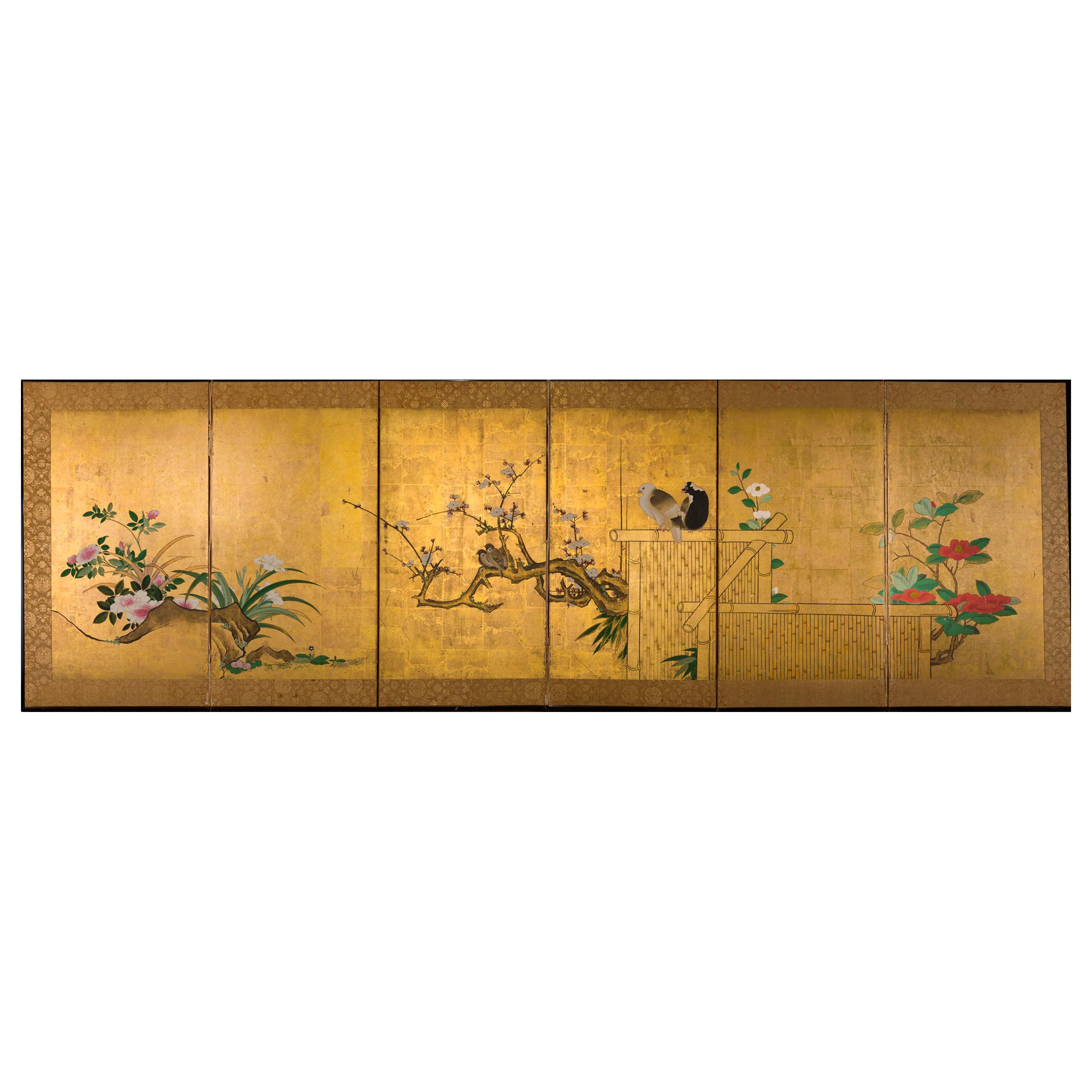 Japanese Six-Panel Screen Late Winter into Early Spring For Sale