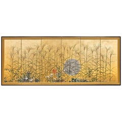 Japanese Six Panel Screen Moon Over the Plains of Musashino