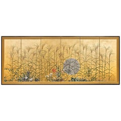 Japanese Six Panel Screen Moon Over the Plains of Musashino