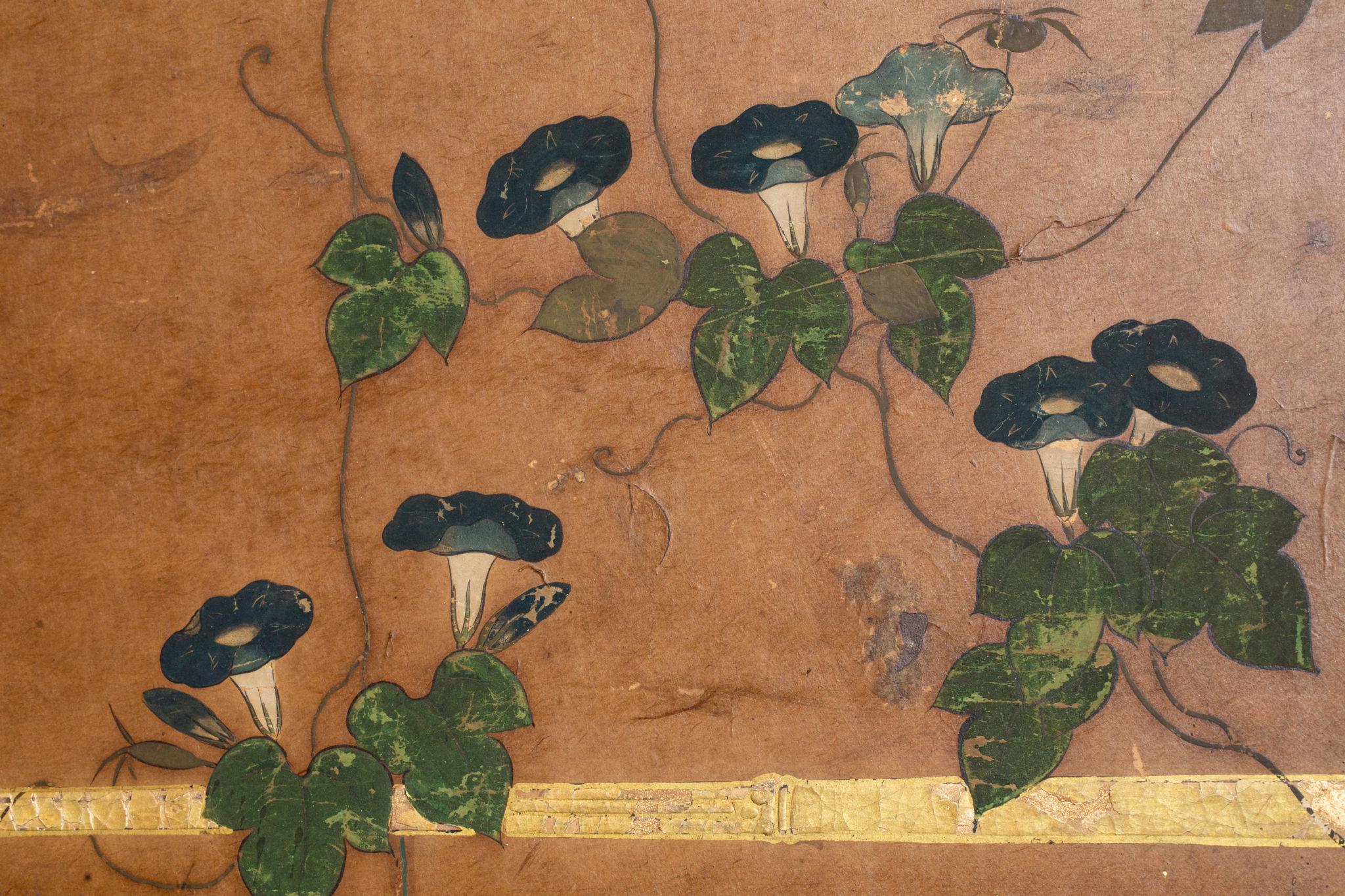 Japanese Six Panel Screen, Morning Glories on a Bamboo Arbor For Sale 5