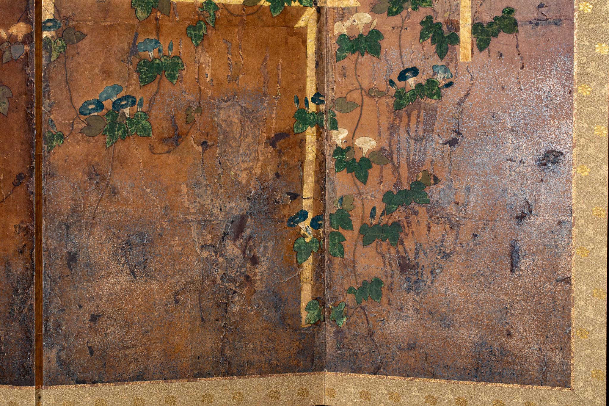 Japanese Six Panel Screen, Morning Glories on a Bamboo Arbor For Sale 7