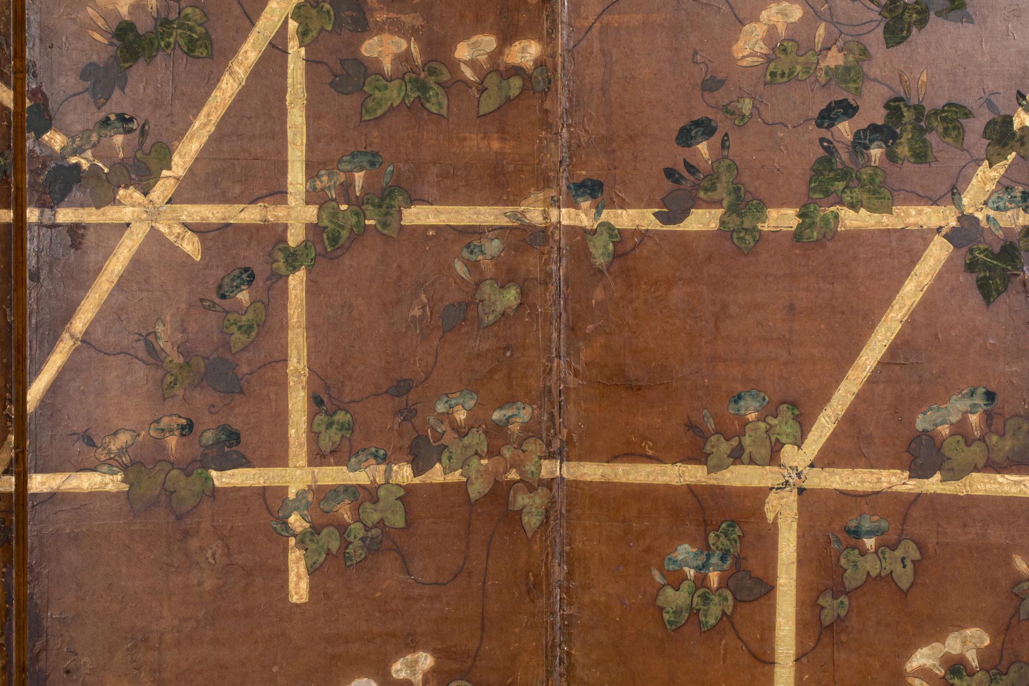 Japanese Six Panel Screen, Morning Glories on a Bamboo Arbor In Good Condition For Sale In Hudson, NY