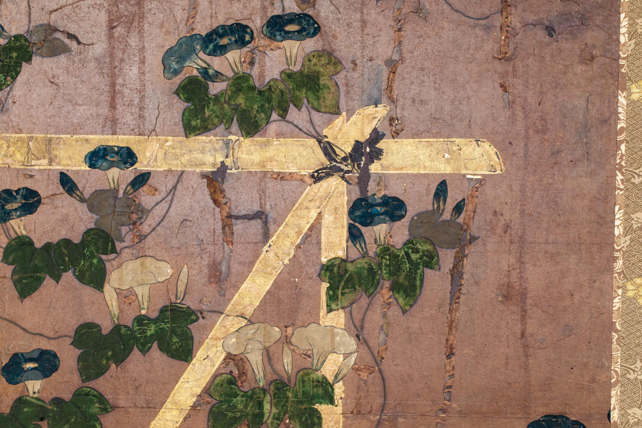 17th Century Japanese Six Panel Screen, Morning Glories on a Bamboo Arbor For Sale