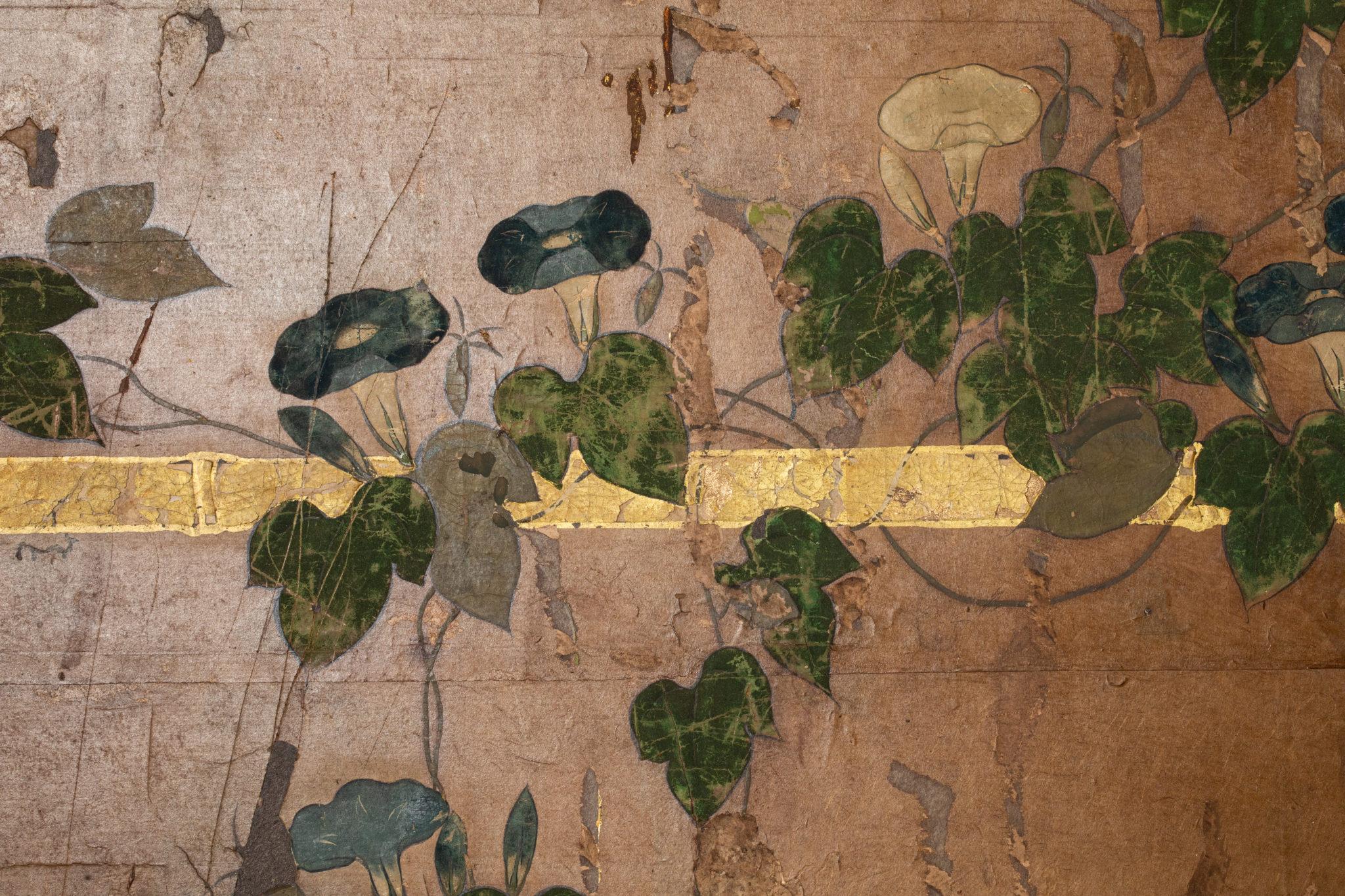 Japanese Six Panel Screen, Morning Glories on a Bamboo Arbor For Sale 1