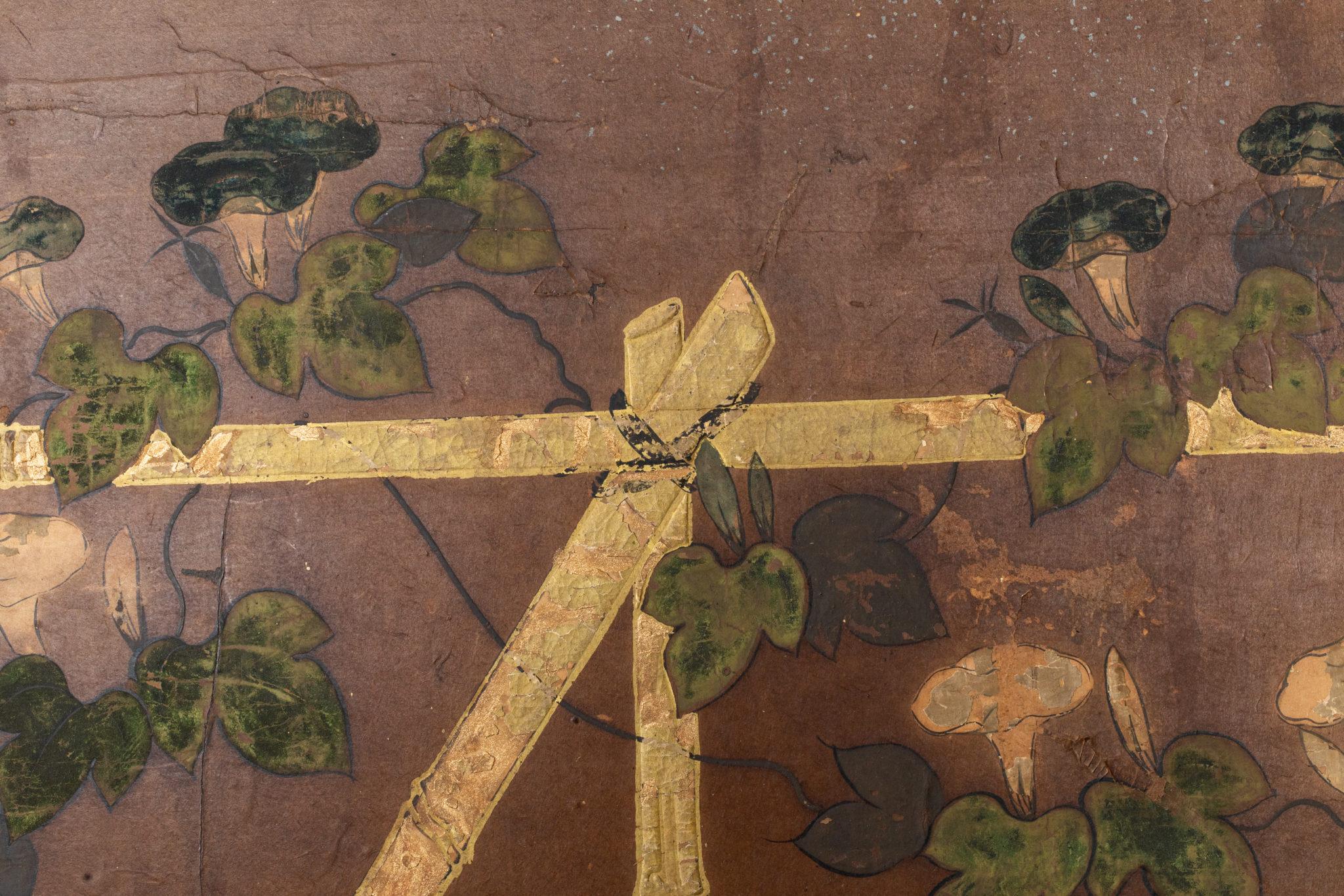 Japanese Six Panel Screen, Morning Glories on a Bamboo Arbor For Sale 3