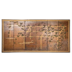 Japanese Six Panel Screen, Morning Glories on a Bamboo Arbor