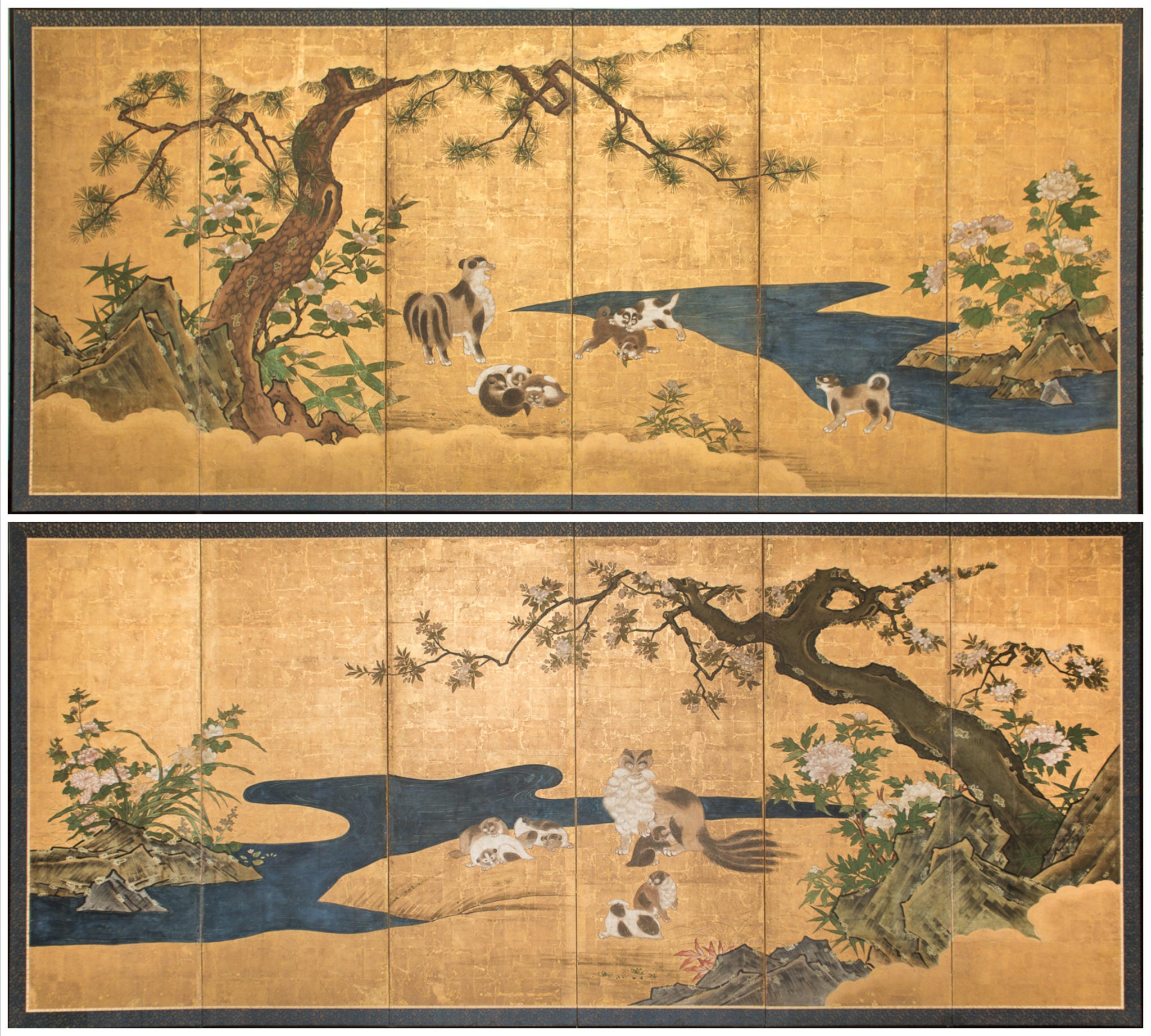Pair of Japanese Six Panel Screens: Floral Landscape / Mother with Young For Sale
