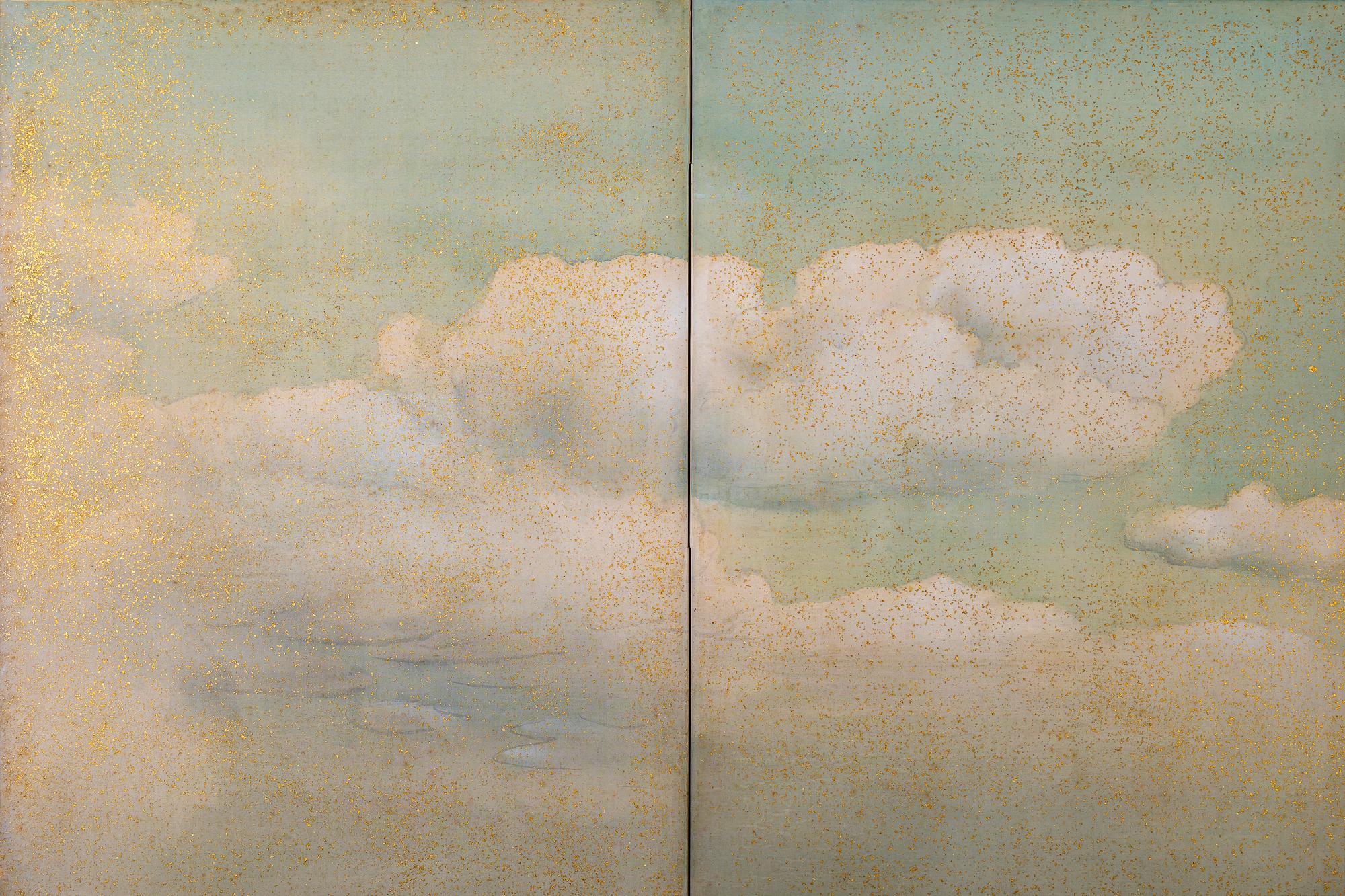 Japonais Écran japonais à six panneaux : Montagnes dans la Mist avec contreforts bordés d'arbres en vente