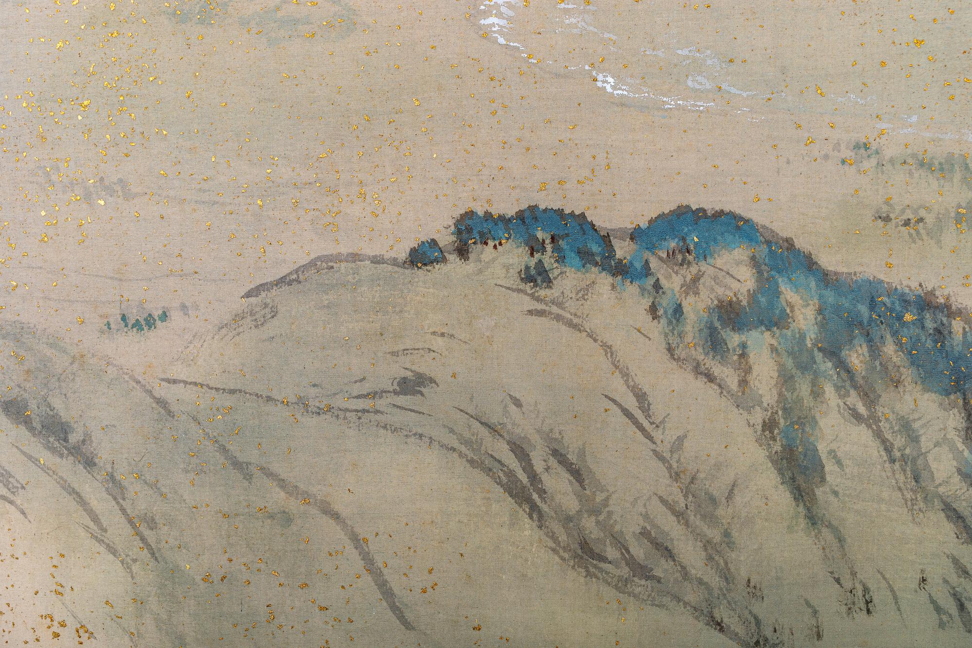 20ième siècle Écran japonais à six panneaux : Montagnes dans la Mist avec contreforts bordés d'arbres en vente