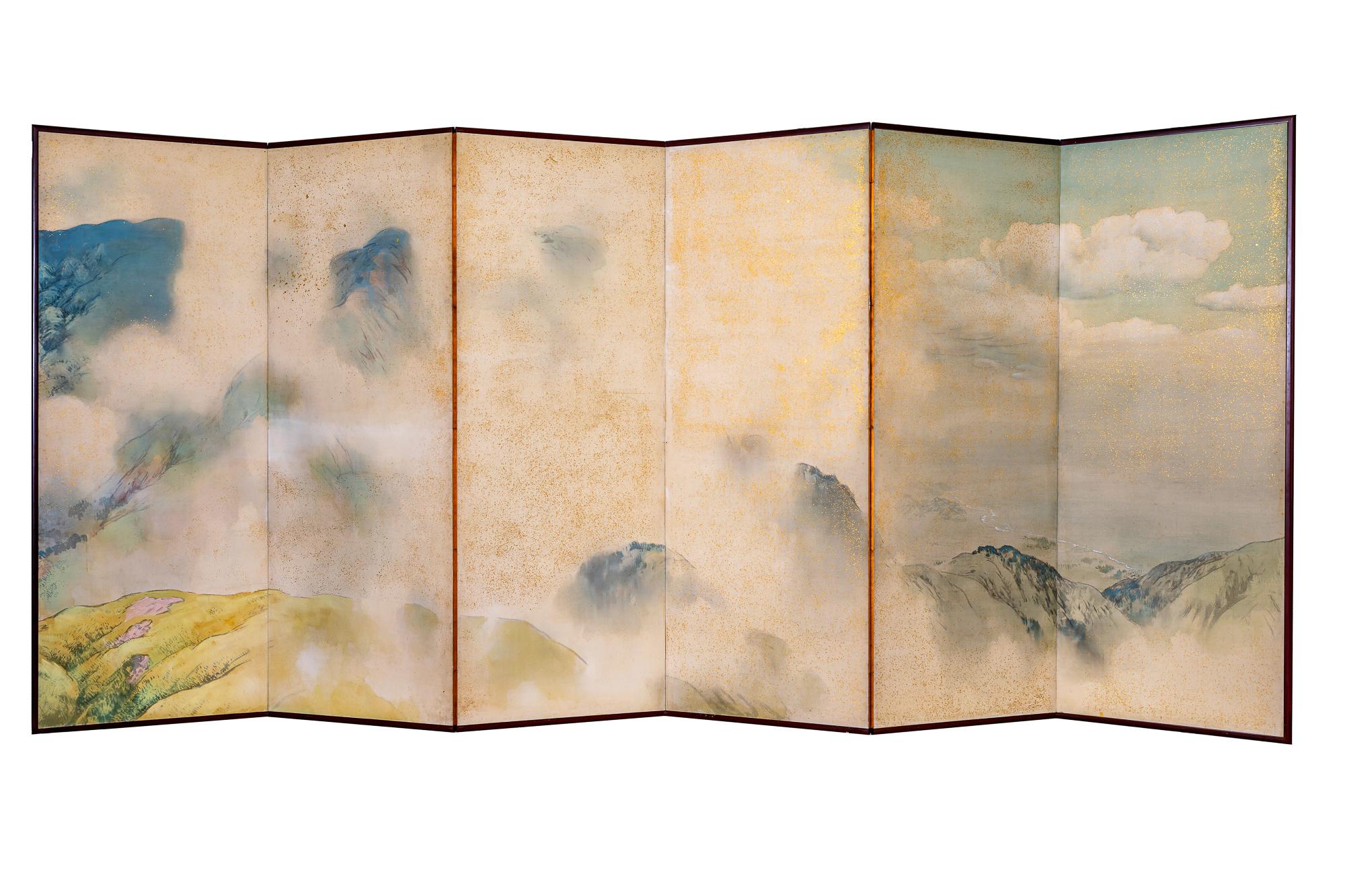 Japanese Six Panel Screen: Mountains in the Mist with Tree-Lined Foothills For Sale 3