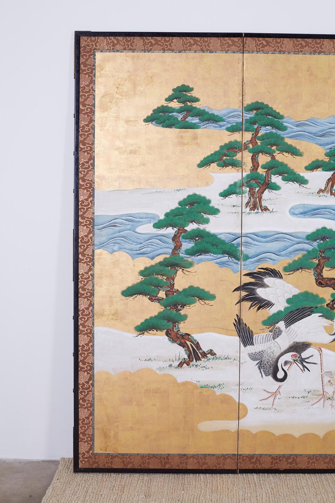 Meiji Japanese Six Panel Screen Hamamatsu with Cranes by the Sea