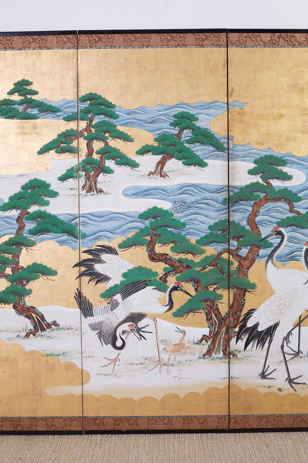 Etched Japanese Six Panel Screen Hamamatsu with Cranes by the Sea