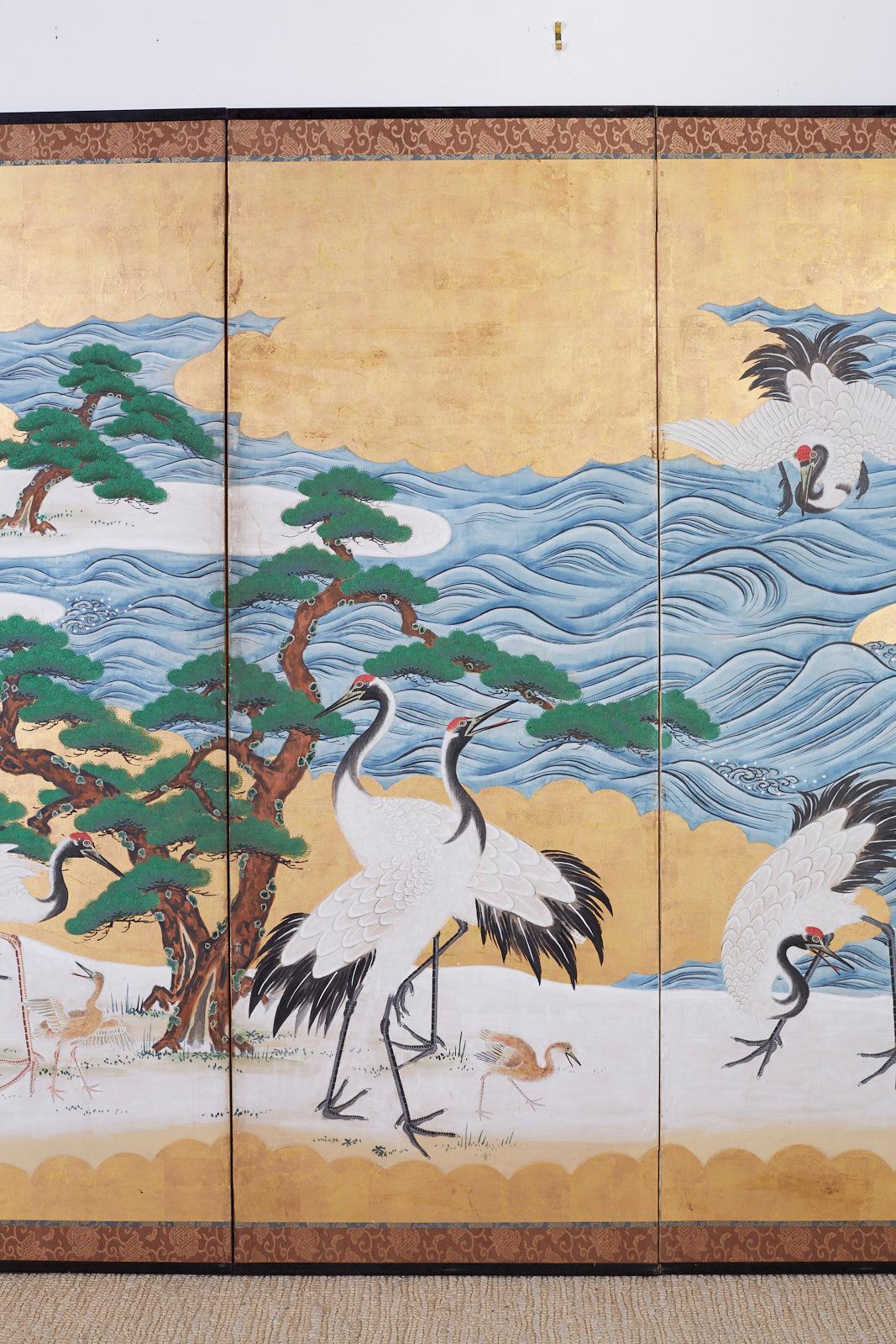 Japanese Six Panel Screen Hamamatsu with Cranes by the Sea In Good Condition In Rio Vista, CA