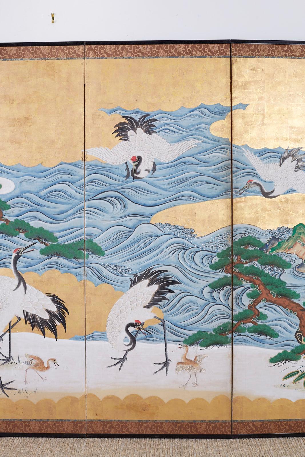 19th Century Japanese Six Panel Screen Hamamatsu with Cranes by the Sea