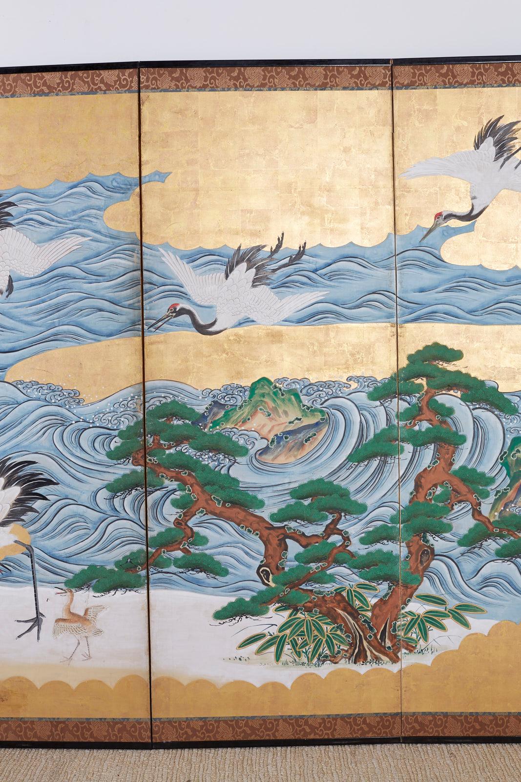 Silk Japanese Six Panel Screen Hamamatsu with Cranes by the Sea