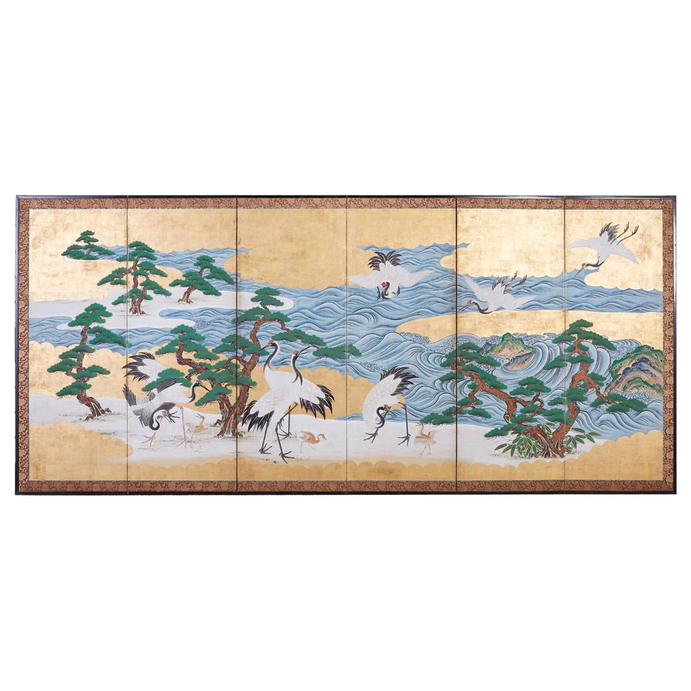 Japanese Six Panel Screen Hamamatsu with Cranes by the Sea