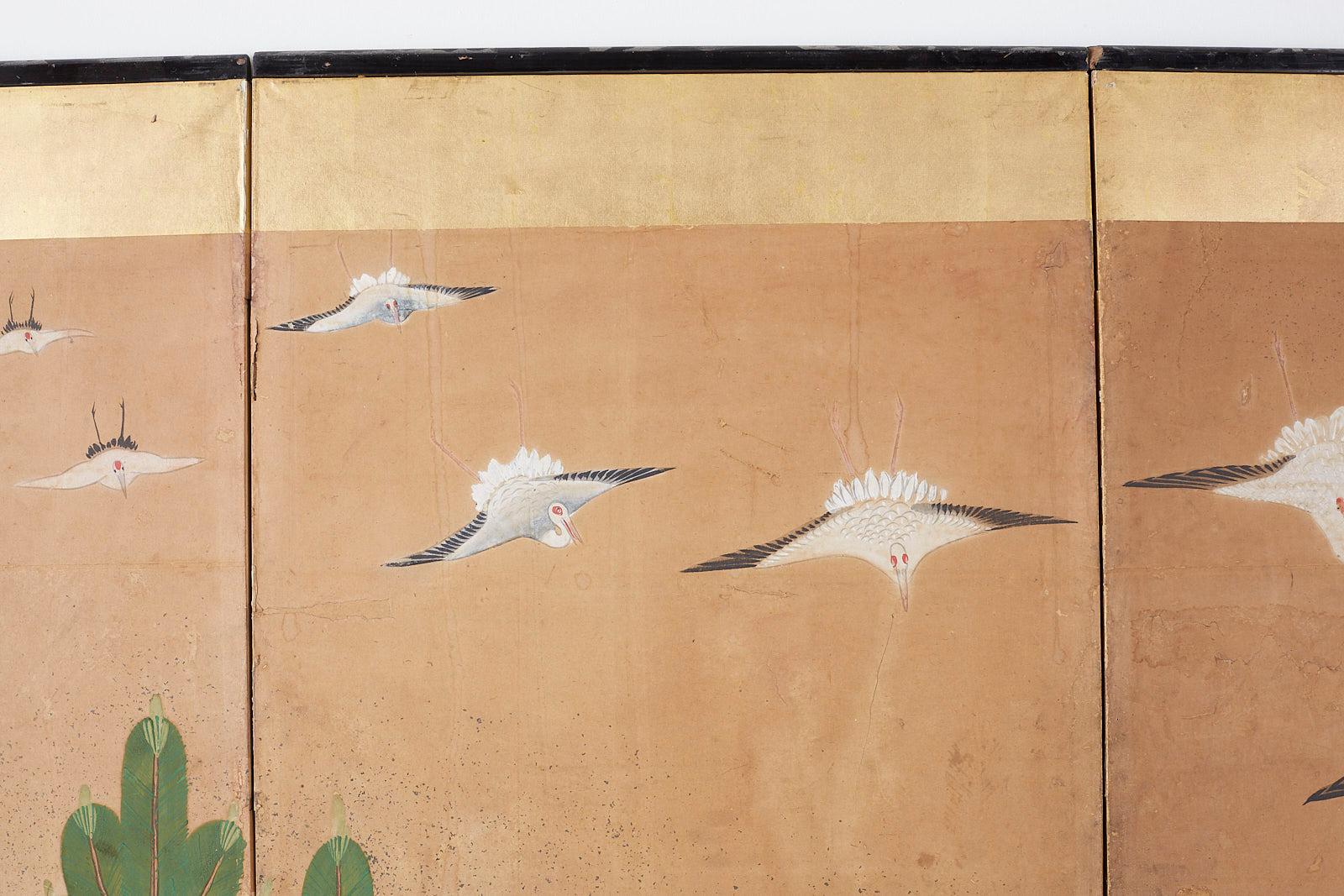 Japanese Six-Panel Screen of Cranes in Flight 3