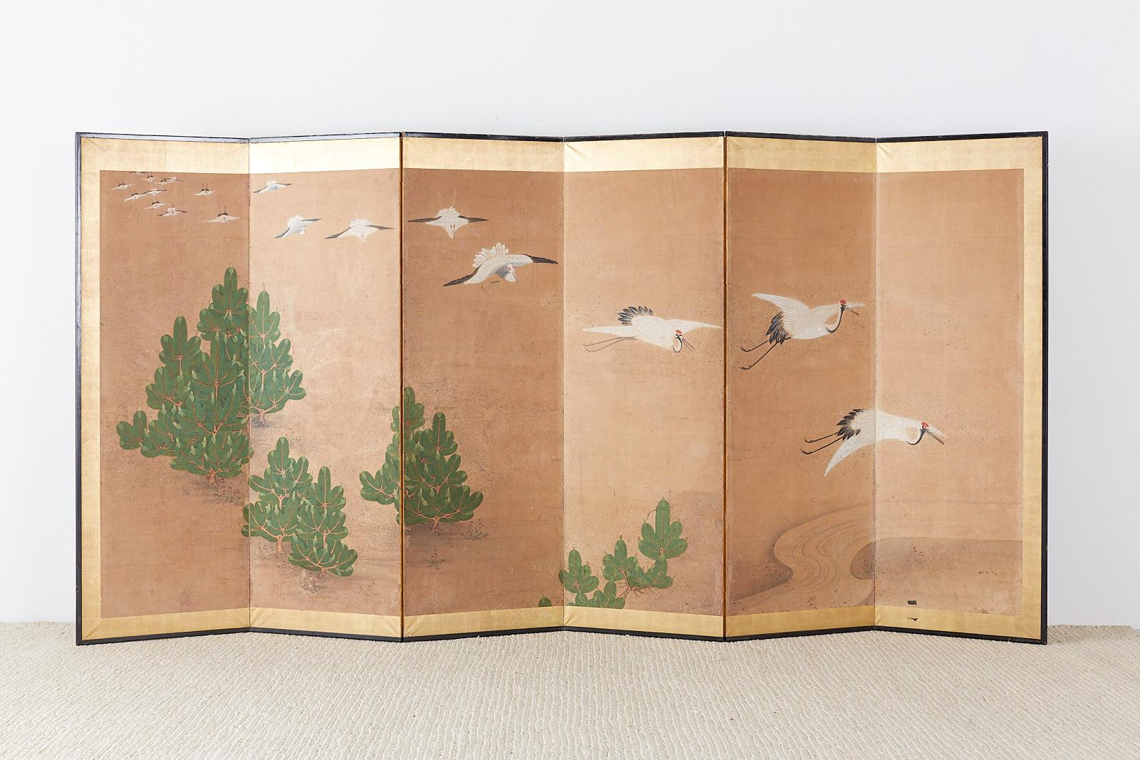 Japanese Six-Panel Screen of Cranes in Flight 9