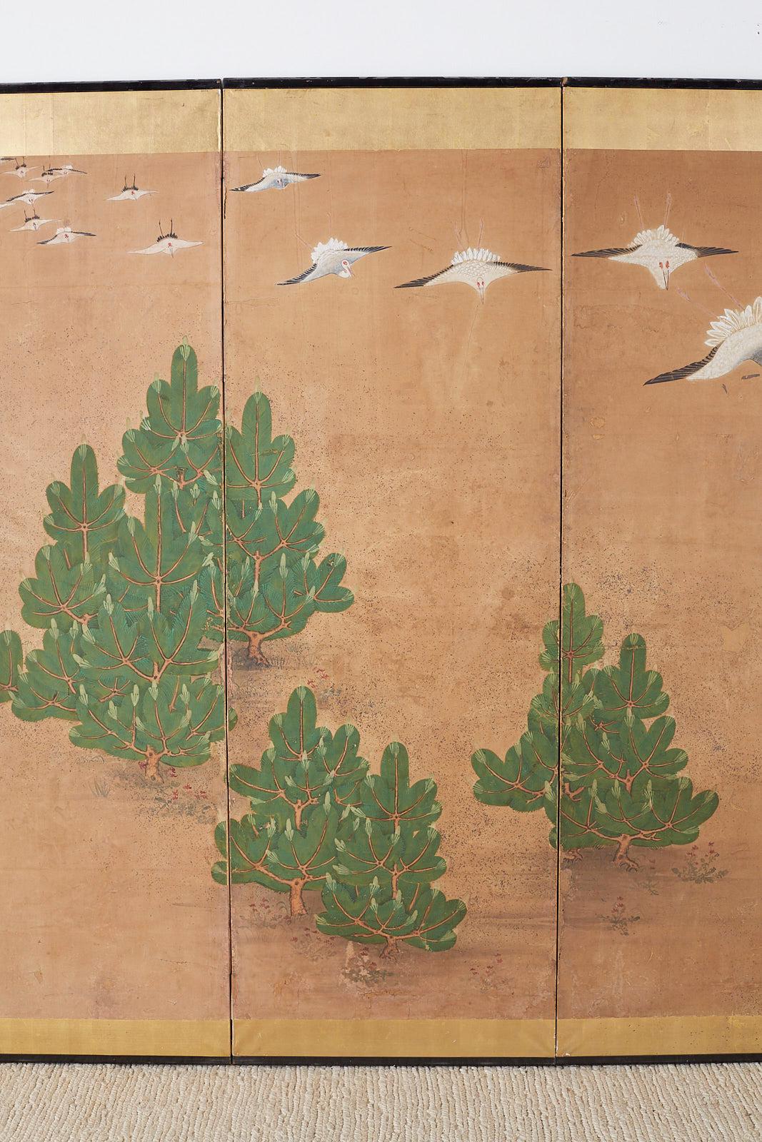 Meiji Japanese Six-Panel Screen of Cranes in Flight