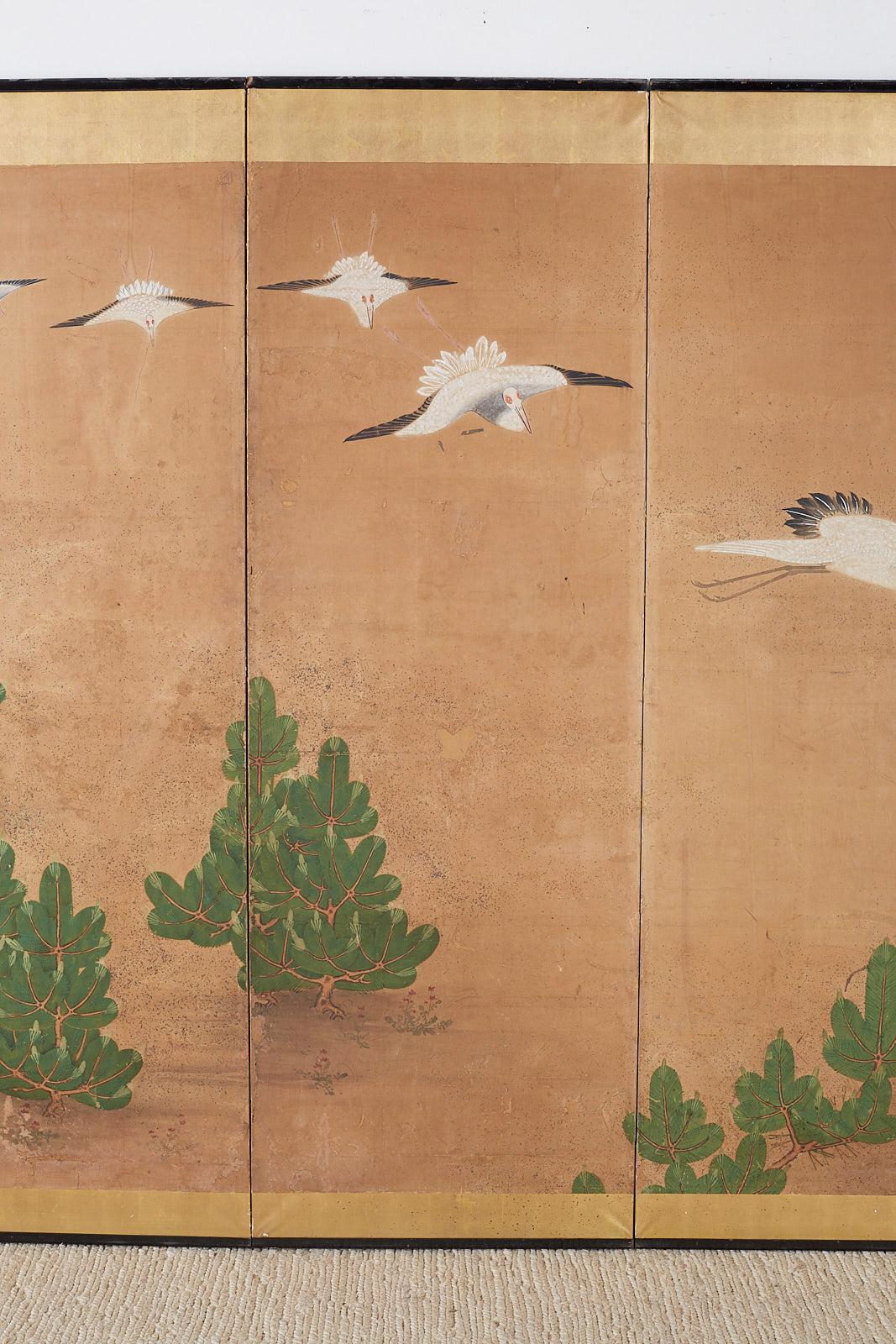 Lacquered Japanese Six-Panel Screen of Cranes in Flight