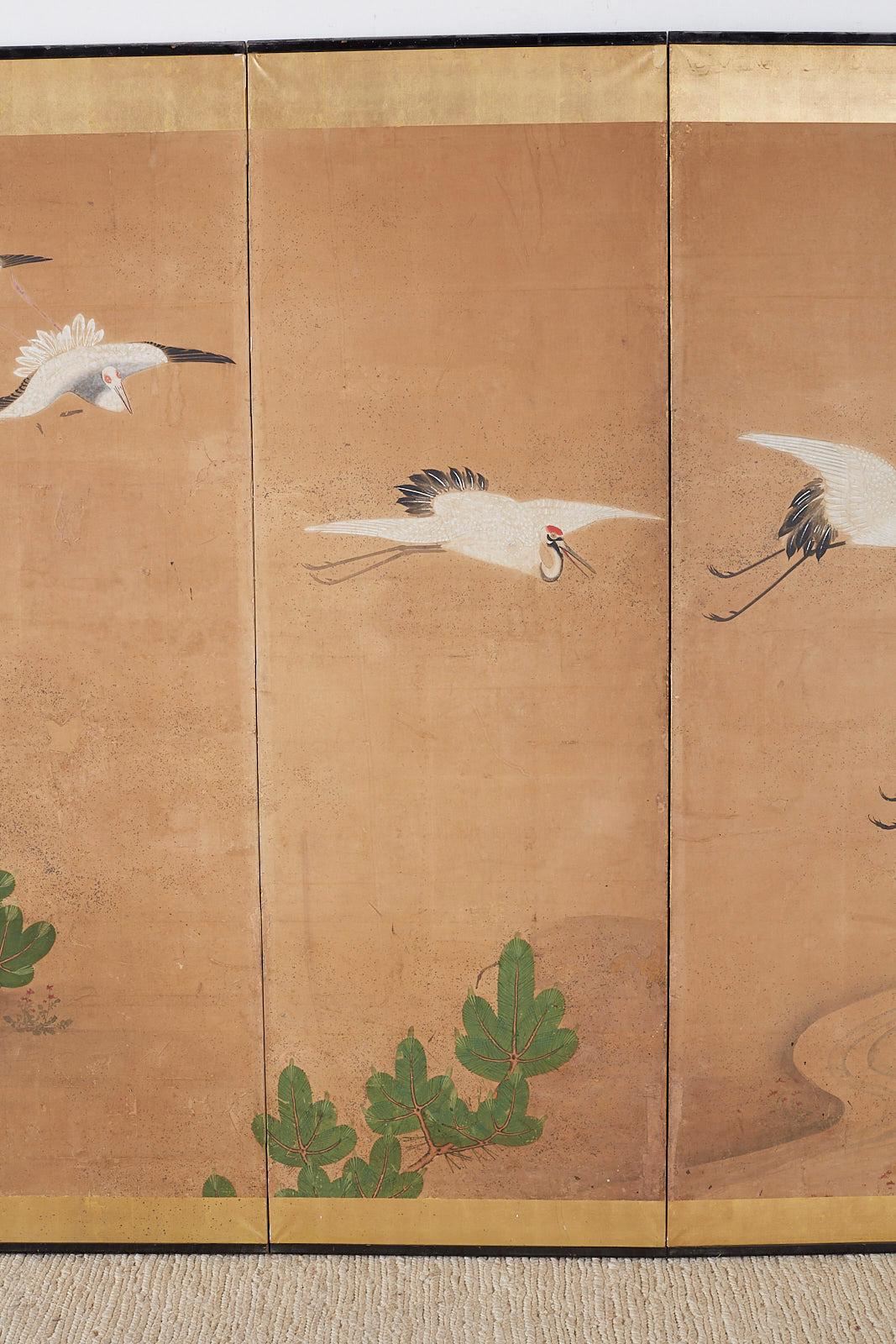 Japanese Six-Panel Screen of Cranes in Flight In Distressed Condition In Rio Vista, CA