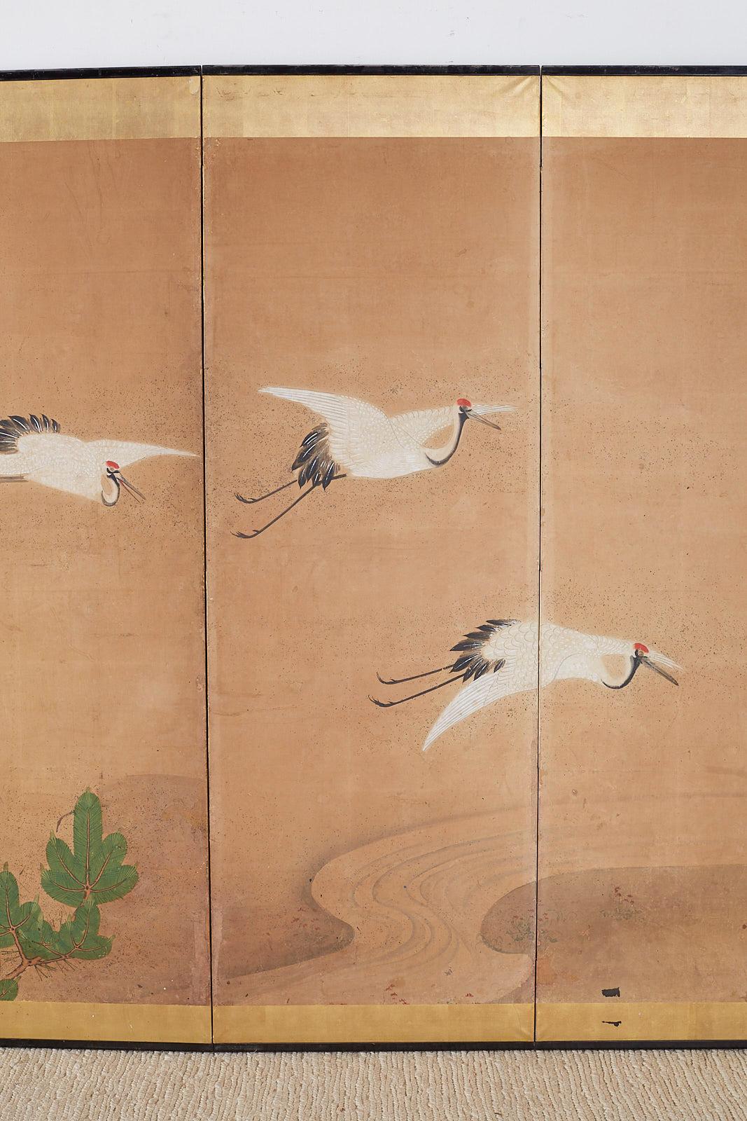 20th Century Japanese Six-Panel Screen of Cranes in Flight