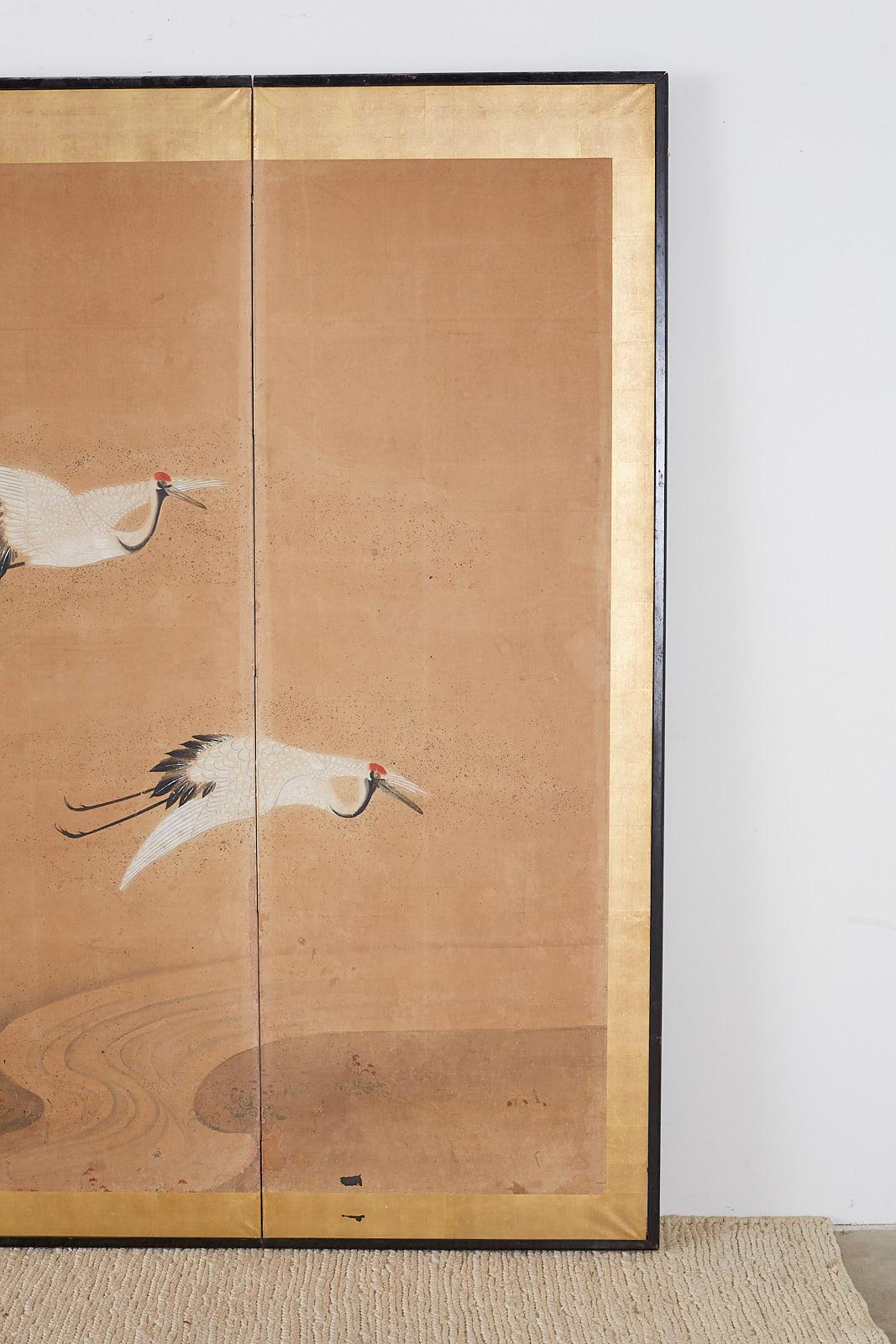 Wood Japanese Six-Panel Screen of Cranes in Flight