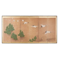 Japanese Six-Panel Screen of Cranes in Flight