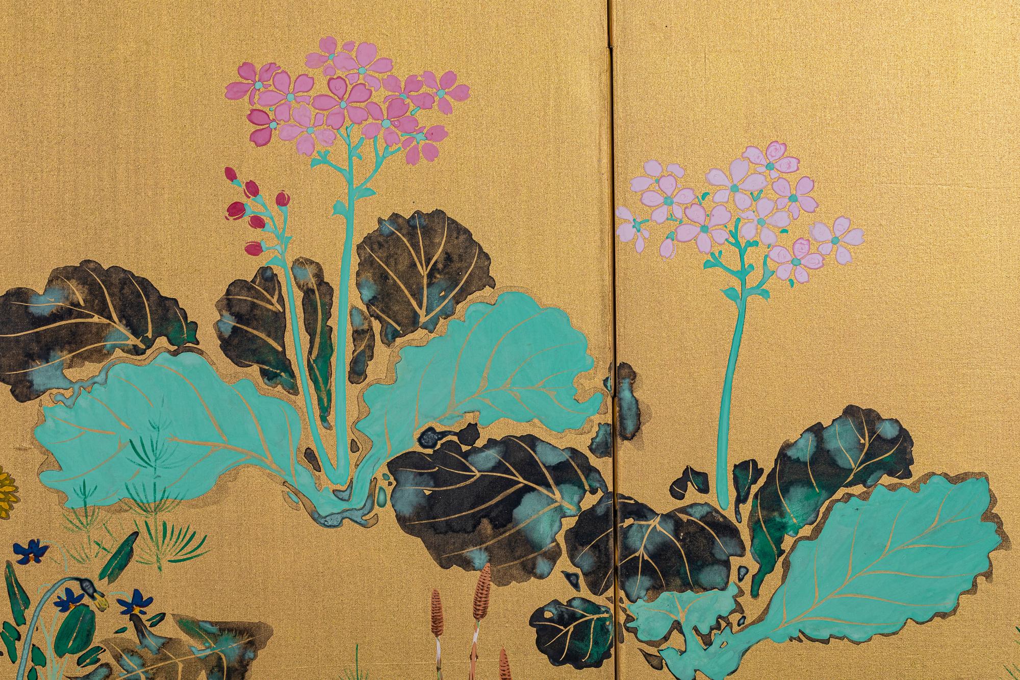 Japanese Six Panel Screen, Peonies and Young Growth on Gold Silk For Sale 4