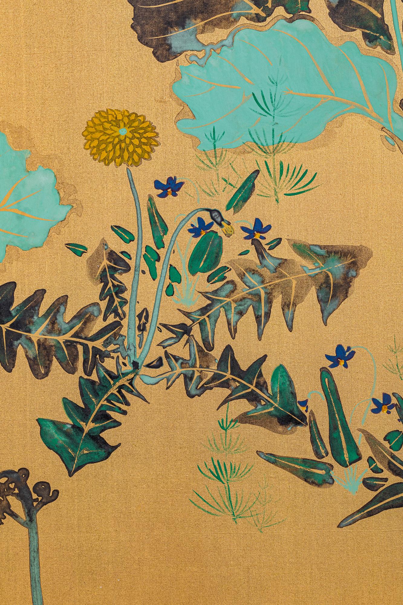 Japanese Six Panel Screen, Peonies and Young Growth on Gold Silk For Sale 5