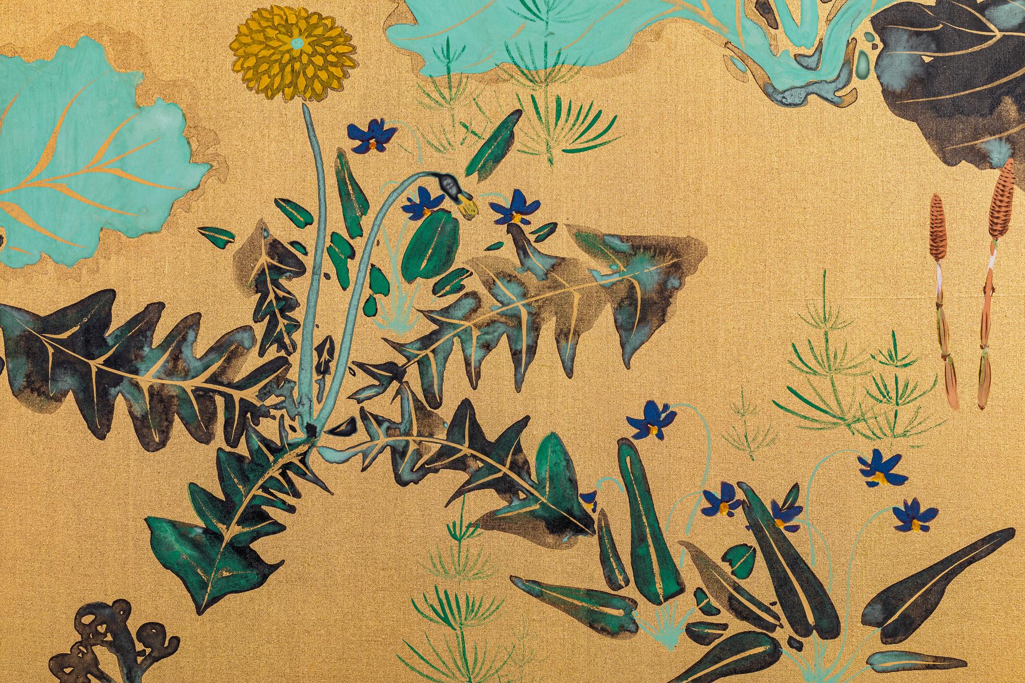 Japanese Six Panel Screen, Peonies and Young Growth on Gold Silk For Sale 6