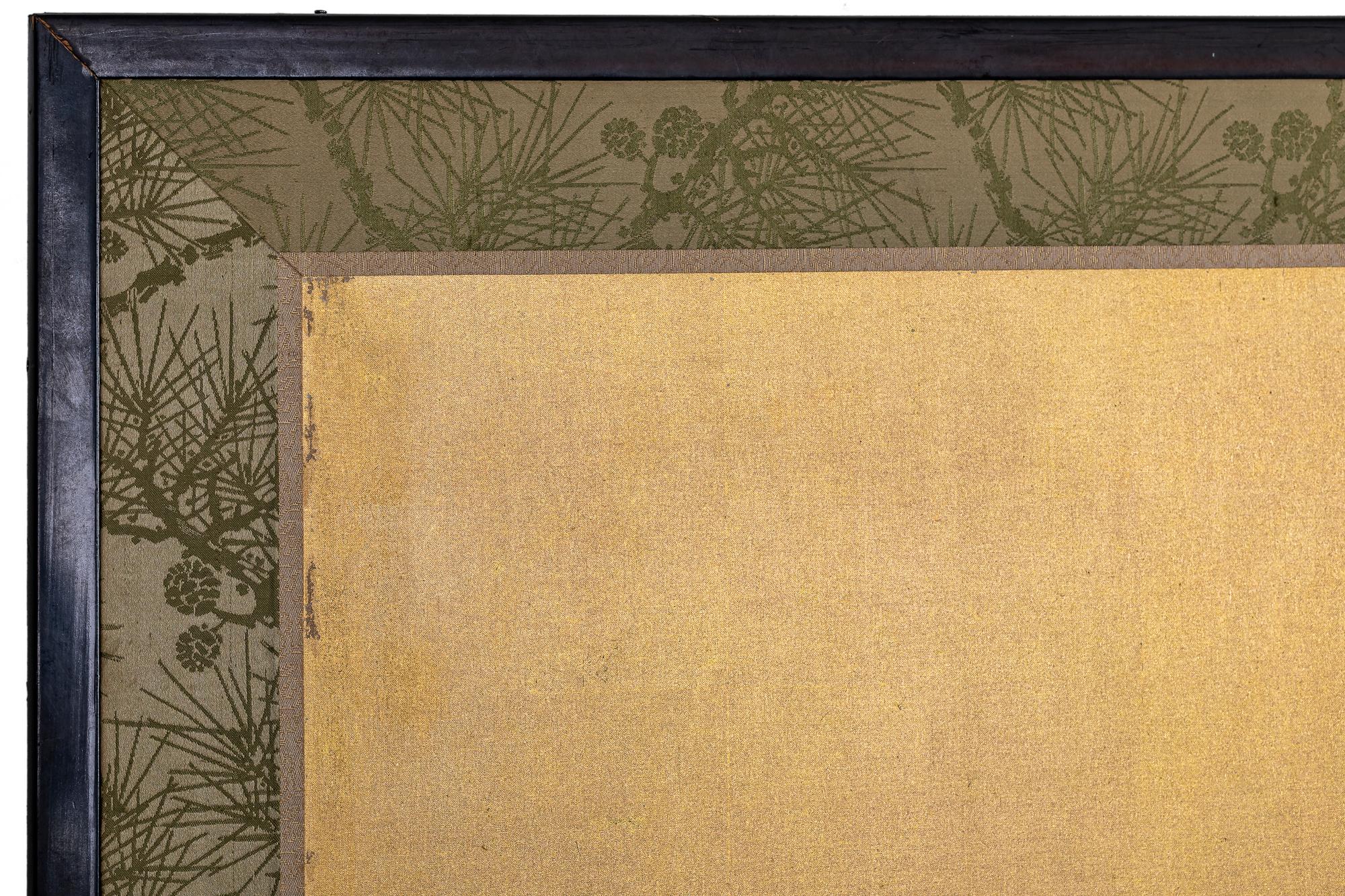 Japanese Six Panel Screen, Peonies and Young Growth on Gold Silk For Sale 8