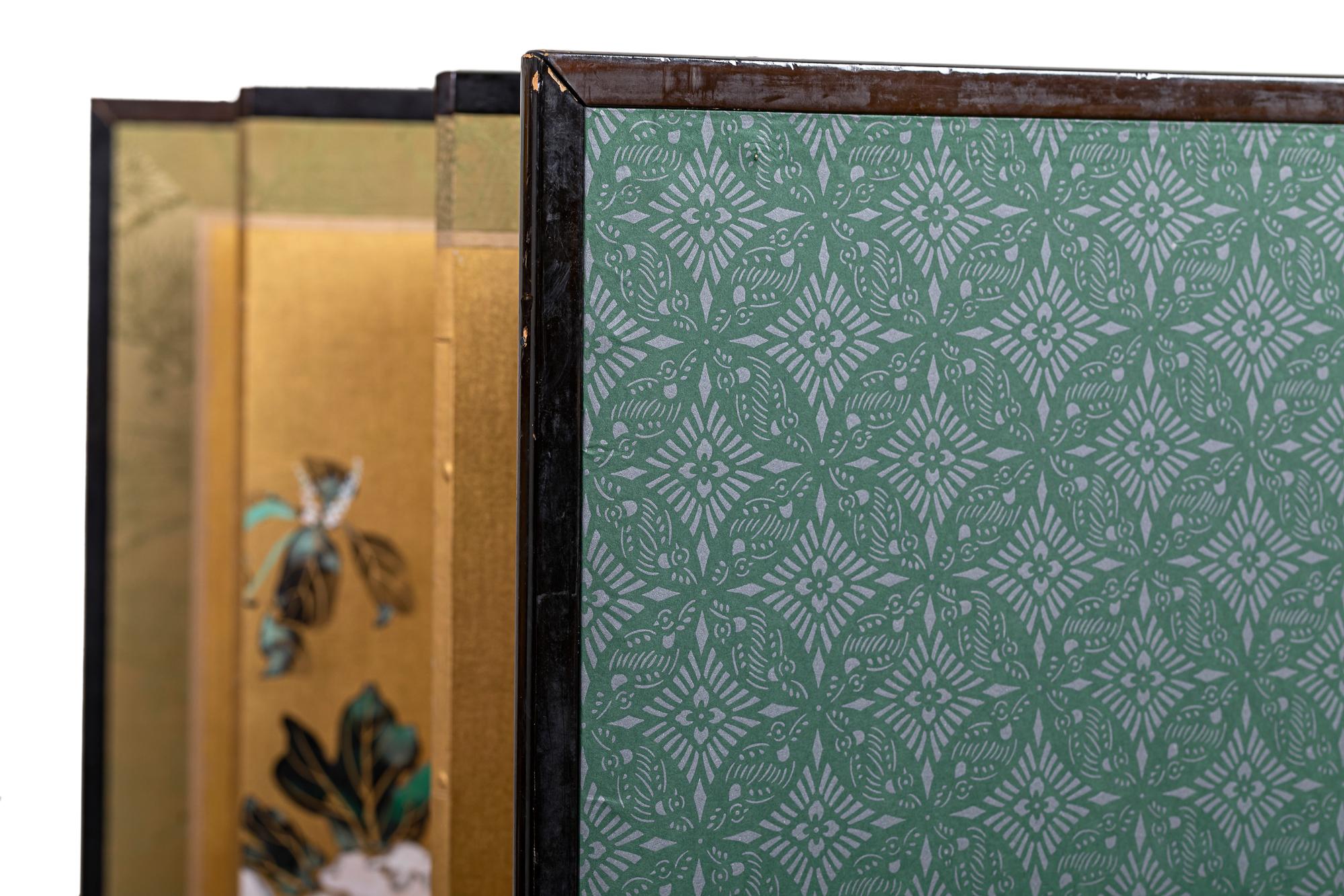 Japanese Six Panel Screen, Peonies and Young Growth on Gold Silk For Sale 9