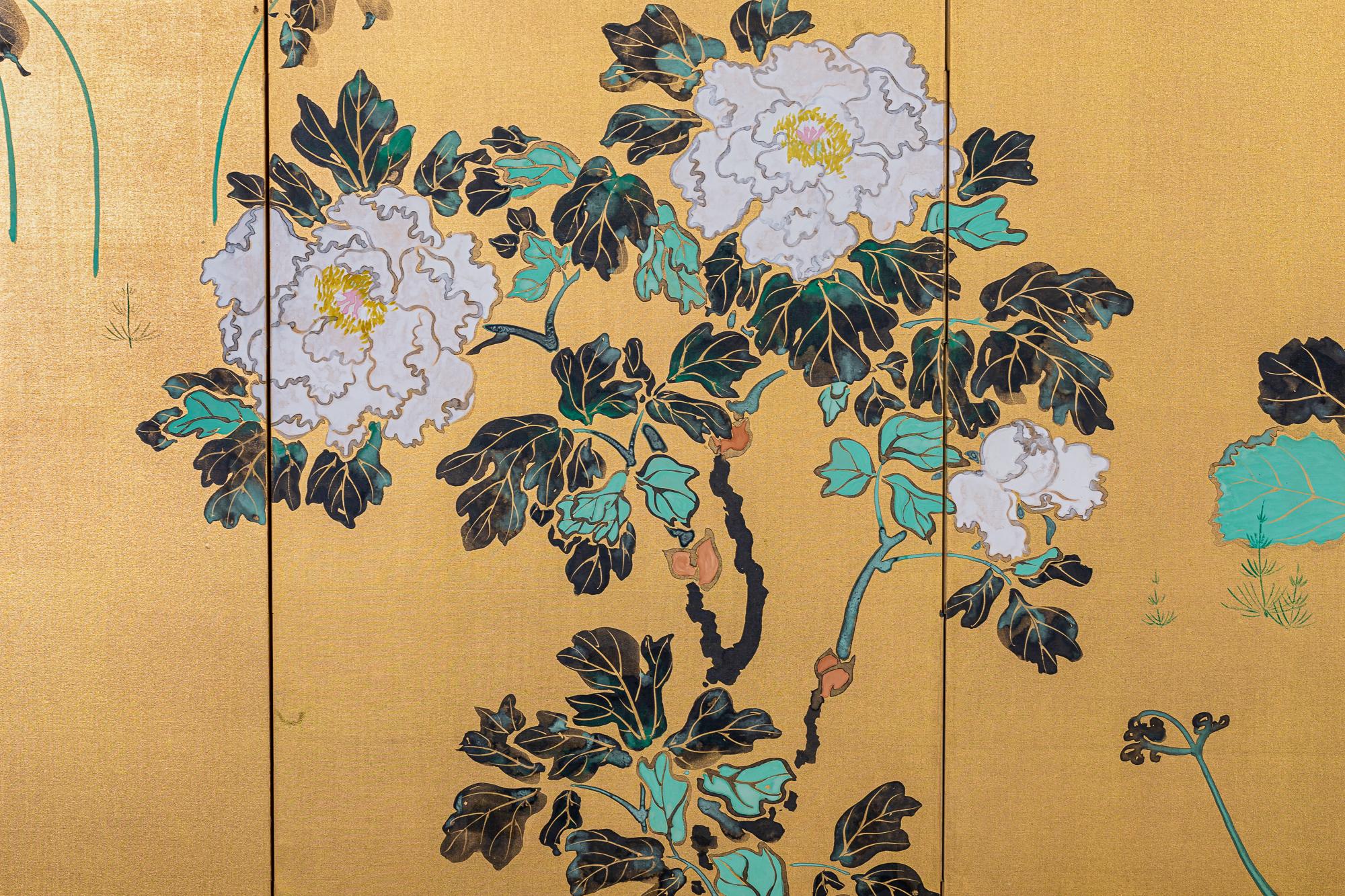 Rimpa floral scene. Pigment on gilded silk, signature and seal read: Hattori Shunyo. Bold colors and strong design elements combined with the trademark tarashikomi (diluted elements created when water is applied to the surface before or after