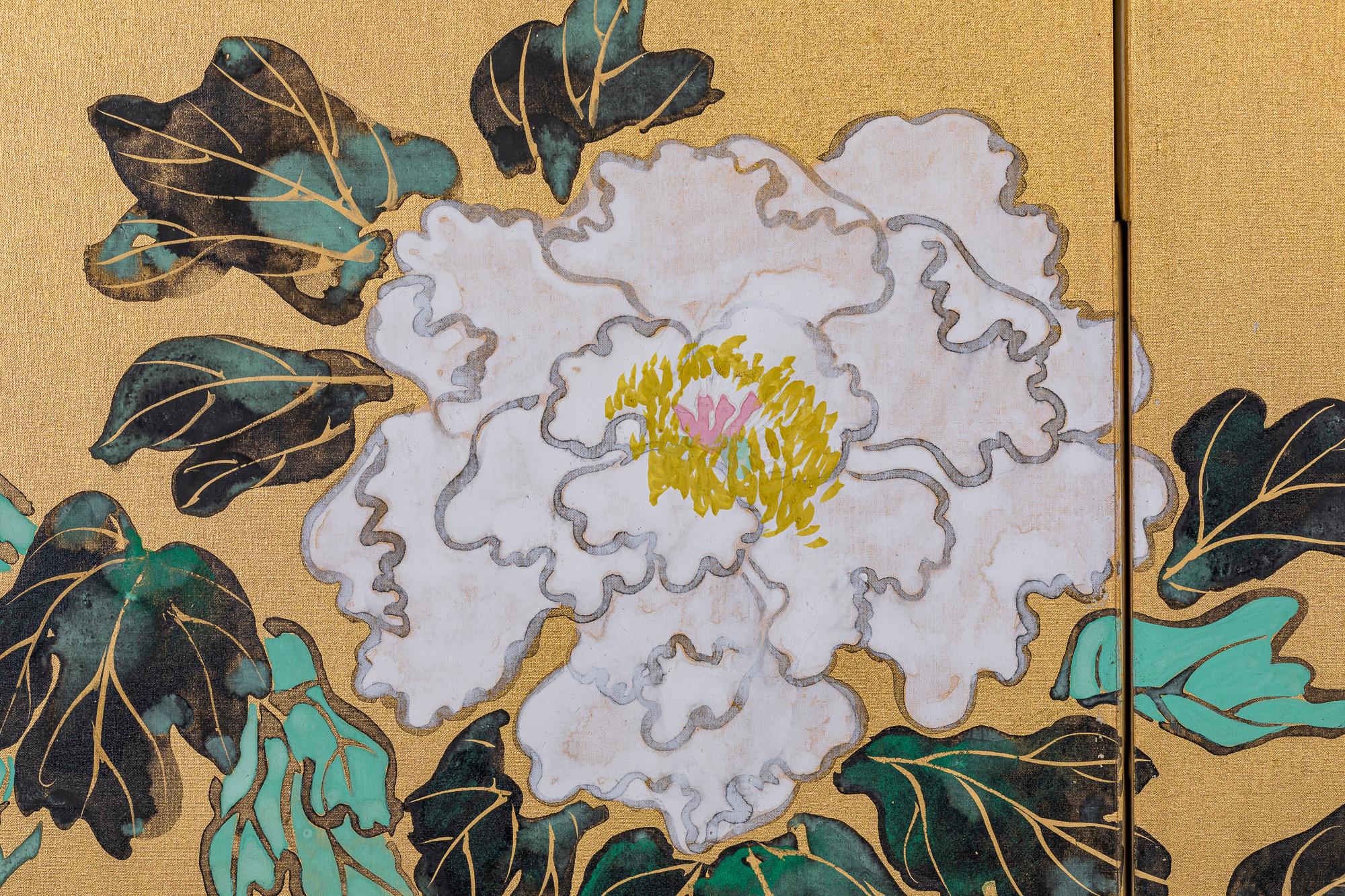 Japanese Six Panel Screen, Peonies and Young Growth on Gold Silk In Good Condition For Sale In Hudson, NY