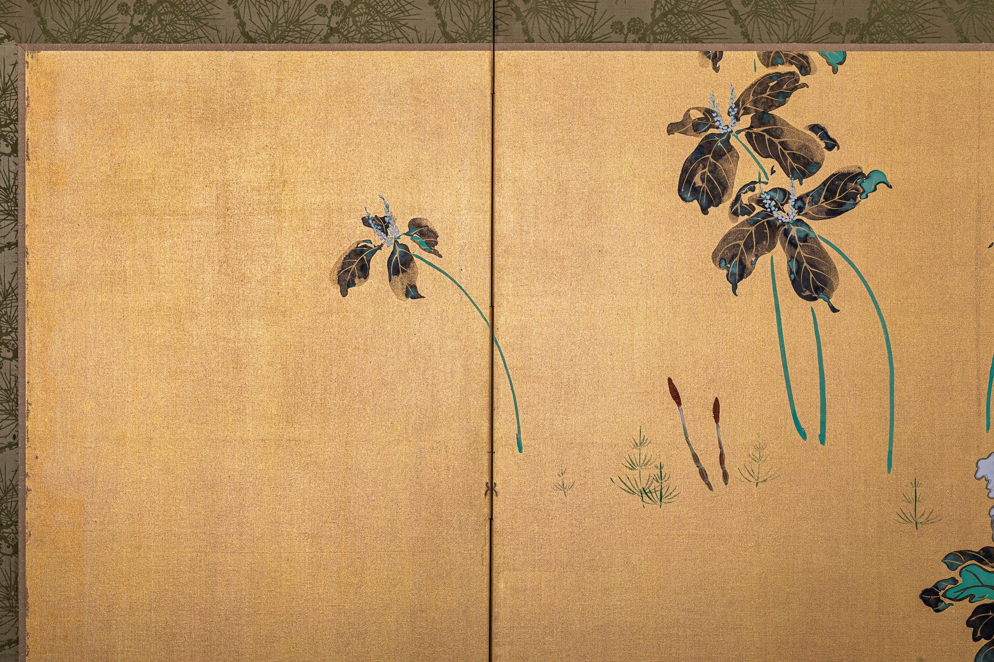 20th Century Japanese Six Panel Screen, Peonies and Young Growth on Gold Silk For Sale