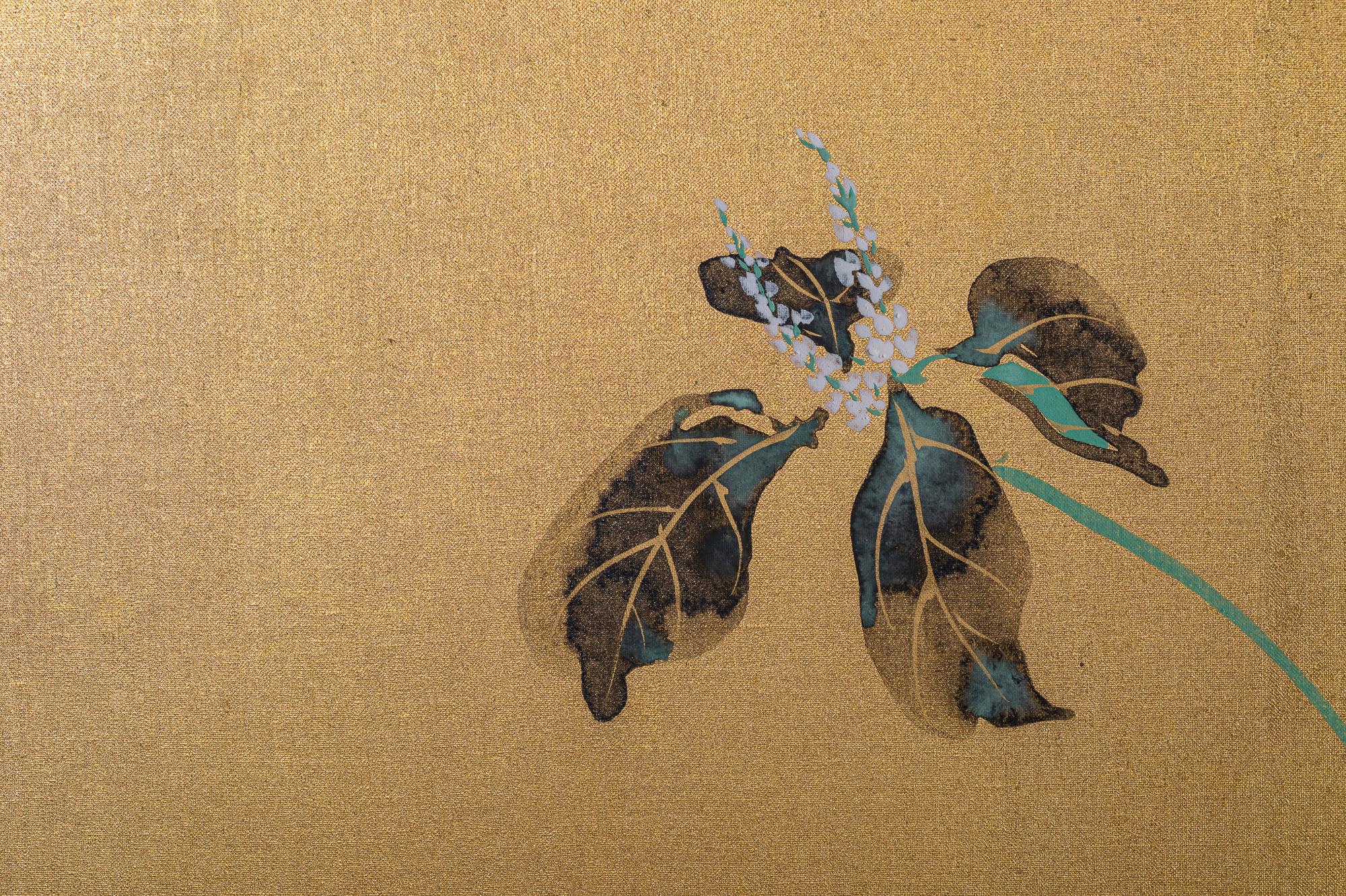Japanese Six Panel Screen, Peonies and Young Growth on Gold Silk For Sale 1