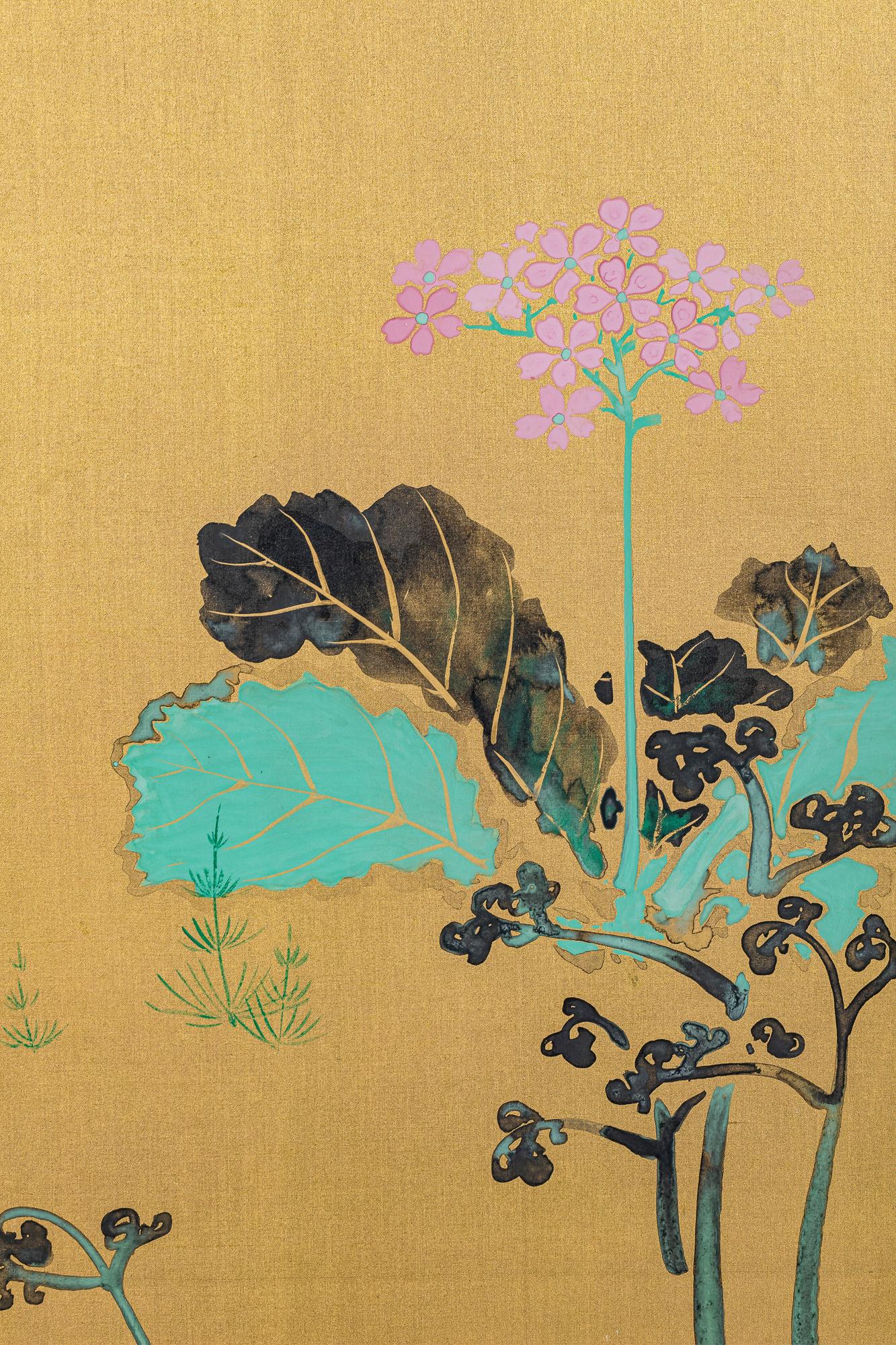 Japanese Six Panel Screen, Peonies and Young Growth on Gold Silk For Sale 3